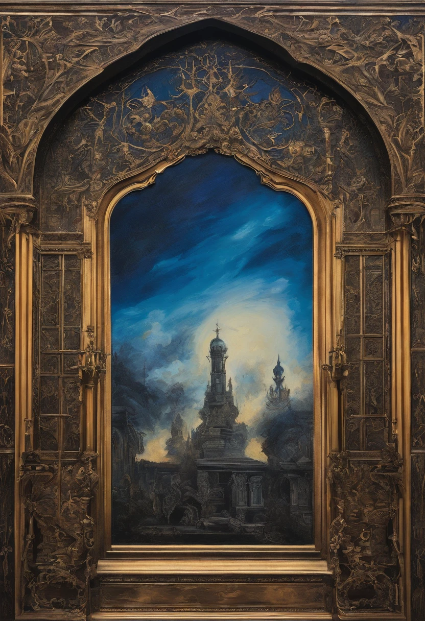 An Oil Painting of A deep blue Sky, a blaze, something emerging, No estilo de trompe – L'oeil Illusionistic Detail, Blink – and – you – lose – detail, Wiccano, lithography, Dark and macabre gothic, Romantic Gothic, Dark and ornate Gothic
