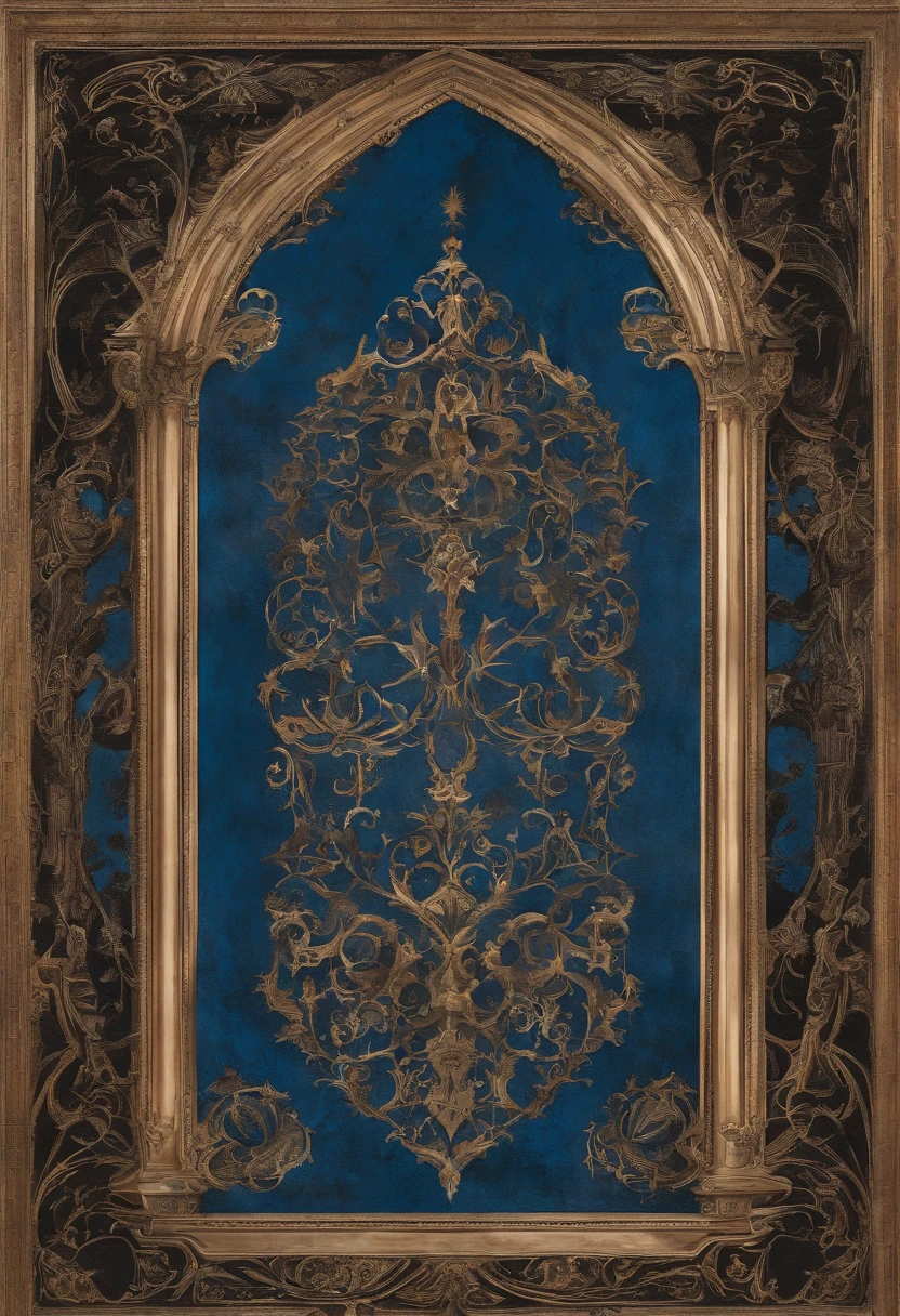 An Oil Painting of A deep blue Sky, a blaze, something emerging, No estilo de trompe – L'oeil Illusionistic Detail, Blink – and – you – lose – detail, Wiccano, lithography, Dark and macabre gothic, Romantic Gothic, Dark and ornate Gothic