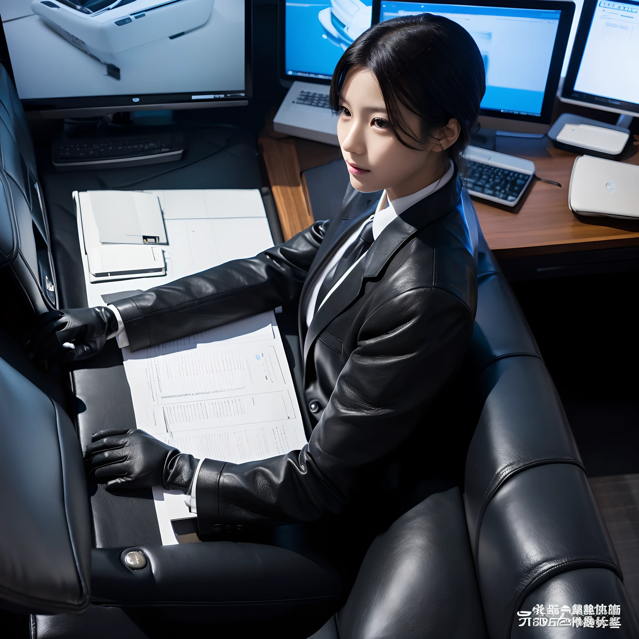 Upper body: Wearing a black business suit, Office in the Dark, facing a desk、While looking at the screen, tap the keys on the black laptop keyboard with the fingertips of the black leather gloves,Sitting on a large chair with a black leather backrest、 Black hair was tied back for a long time, Japan Female Beautiful New Employee (Black leather gloves cover both hands) (The angle is frontal)