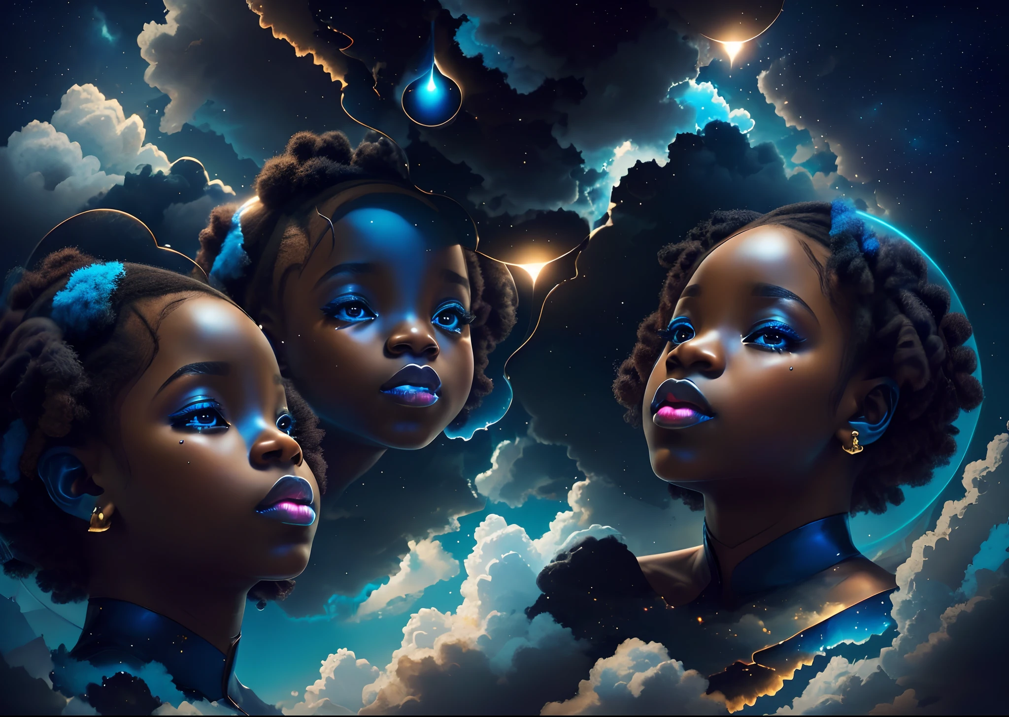 Beautiful black  dressed in African 
designed clothes,  floating in the sky ,among the clouds reflected by lights of colours of blue and velvet, abstract art, blue and velvet layers of colour in the background,  surrealism, cinematic lighting, artgerm style, 32k, ultra HD, unreal engine rendered, hyper-realistic image --auto --s2