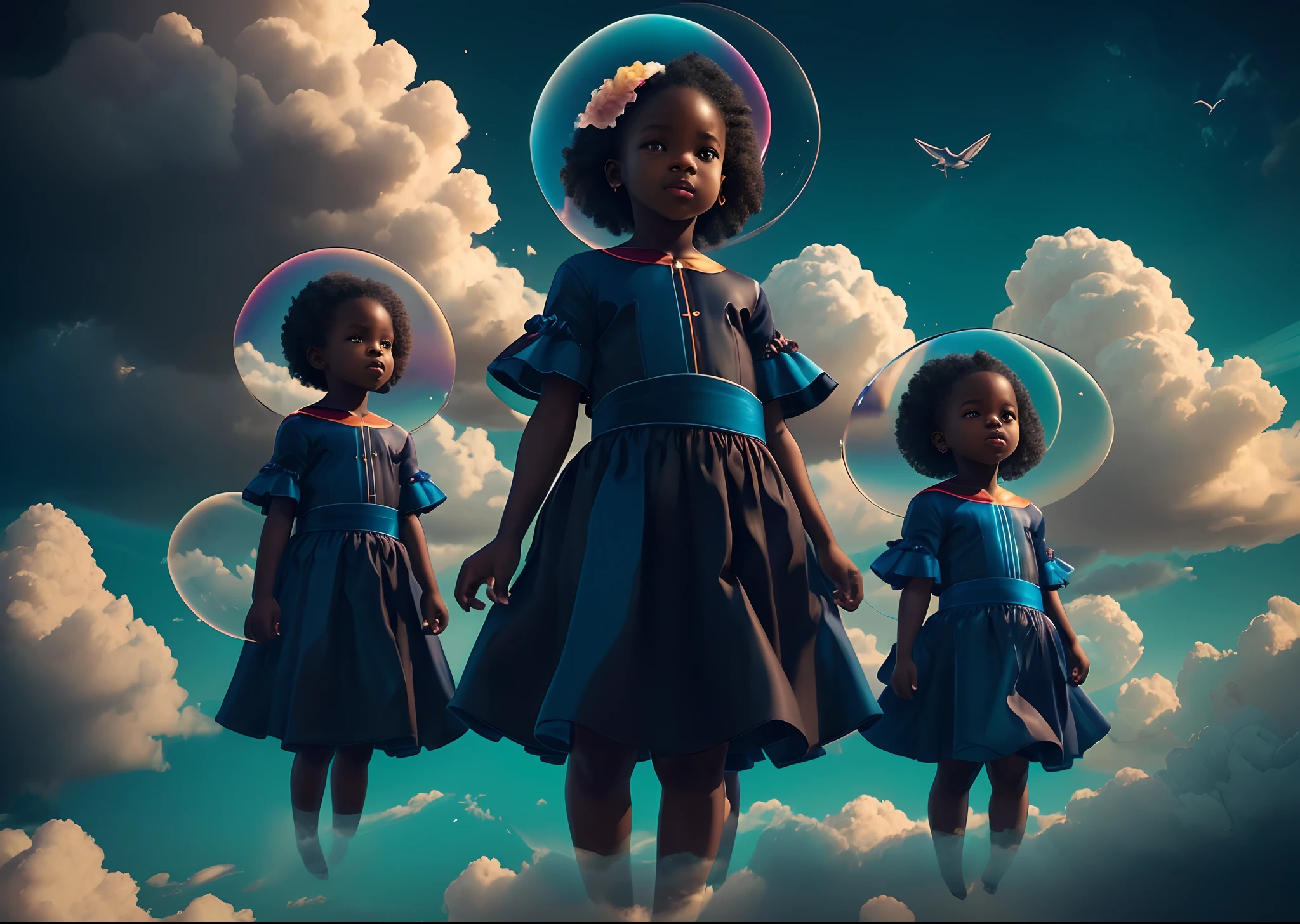 Beautiful black babies dressed in African
designed clothes, floating in the sky ,among the clouds reflected by lights of colours of blue and velvet, abstract art, blue and velvet layers of colour in the background, surrealism, cinematic lighting, artgerm style, 32k, ultra HD, unreal engine rendered, hyper-realistic image --auto --s2
