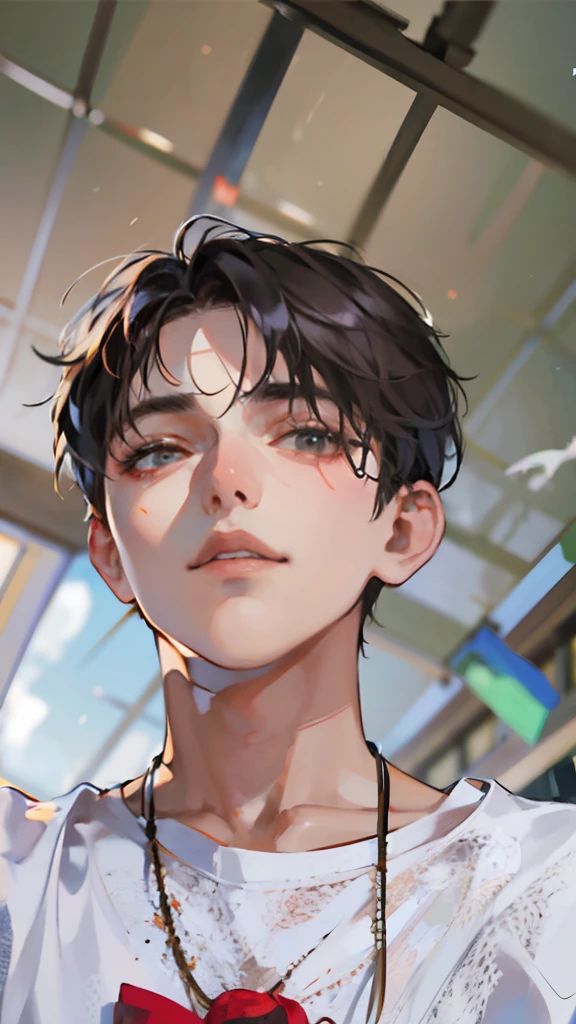 Wearing a necklace around the neck、There is a man with a necklace around his neck, south east asian with round face, with accurate face, dove, good looking face, around 1 9 years old, Handsome face, portrait shot 8 k, with same hairstyle, with kind face, Clean shaved face, detailed unblurred face, shot with Nikon Z9