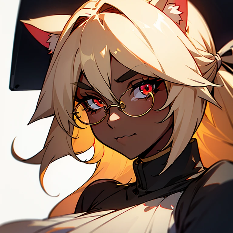 1girl, solo, upper body, mature, mature female, milf, blond hair, long hair, hair ribbon, red eyes, long eyelashes, thick eyelashes, looking at viewer, :3, white background, cat ears, glasses, hair between eyes , dark skin, thick eyebrows,