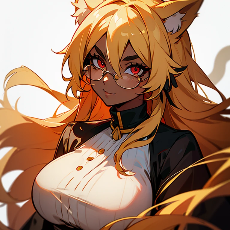 1girl, solo, upper body, mature, mature female, milf, blond hair, long hair, hair ribbon, red eyes, long eyelashes, thick eyelashes, looking at viewer, :3, white background, cat ears, glasses, hair between eyes , dark skin, thick eyebrows,