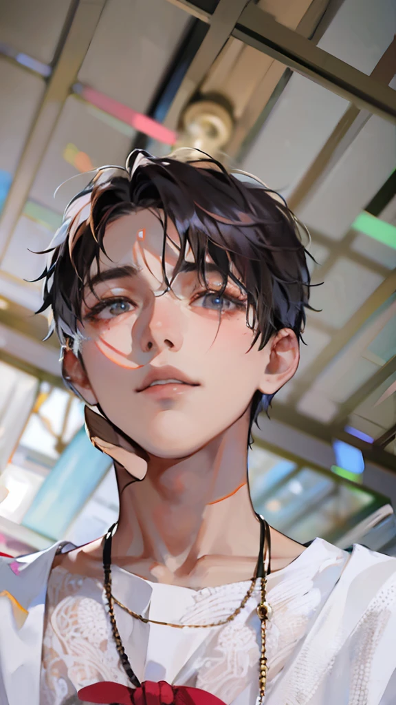 Wearing a necklace around the neck、There is a man with a necklace around his neck, south east asian with round face, with accurate face, dove, good looking face, around 1 9 years old, Handsome face, portrait shot 8 k, with same hairstyle, with kind face, Clean shaved face, detailed unblurred face, shot with Nikon Z9