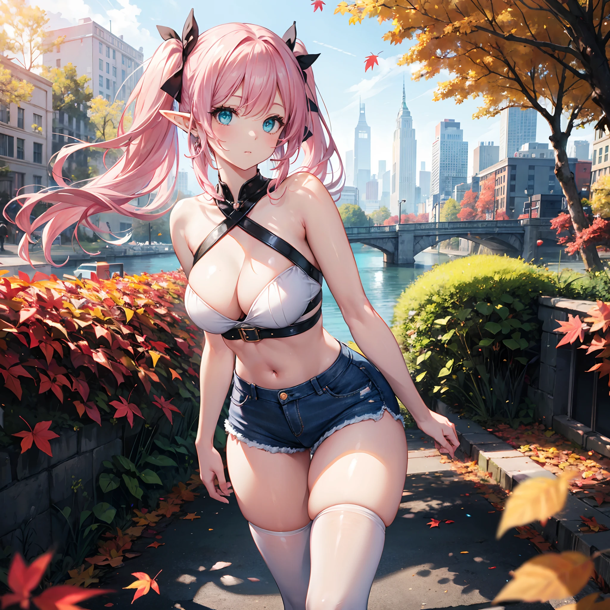 Realistic and detailed image of an elf. with a bow top and denim minishorts. stockings to mid-thigh. Unusually shiny long silky light pink hair styled in pigtails. bright turquoise eyes. She has earrings and long eyelashes. Large breasts, small waist, very wide hips and thick thighs. Back arched. walking sensually. Autumn. falling leaves. windy day. City with trees. Volumetric light. Ambient light.