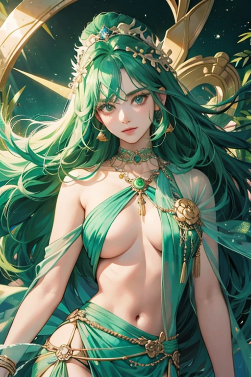 (masterpiece, 4k, best quality, highly detailed, 1 mature female, solo), green hair, colored eyelashes, single braid, very long hair, upper body, (40 years old) ((goddess of the sky)) incarnation of the starry sky, background is the star, (mother, wife), smile, (large breasts), perfect flesh full of texture, upset, charming visual enjoyment