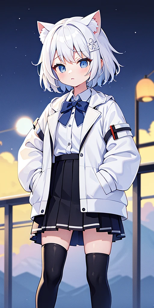 Masterpiece, Best quality, A high resolution, 1 Girl Risfield hair ornament, white color hair,short detailed hair,cat ear,校服:White jacket,longer sleeves,a black skirt,Thigh boots,Starting below, Hands in pockets