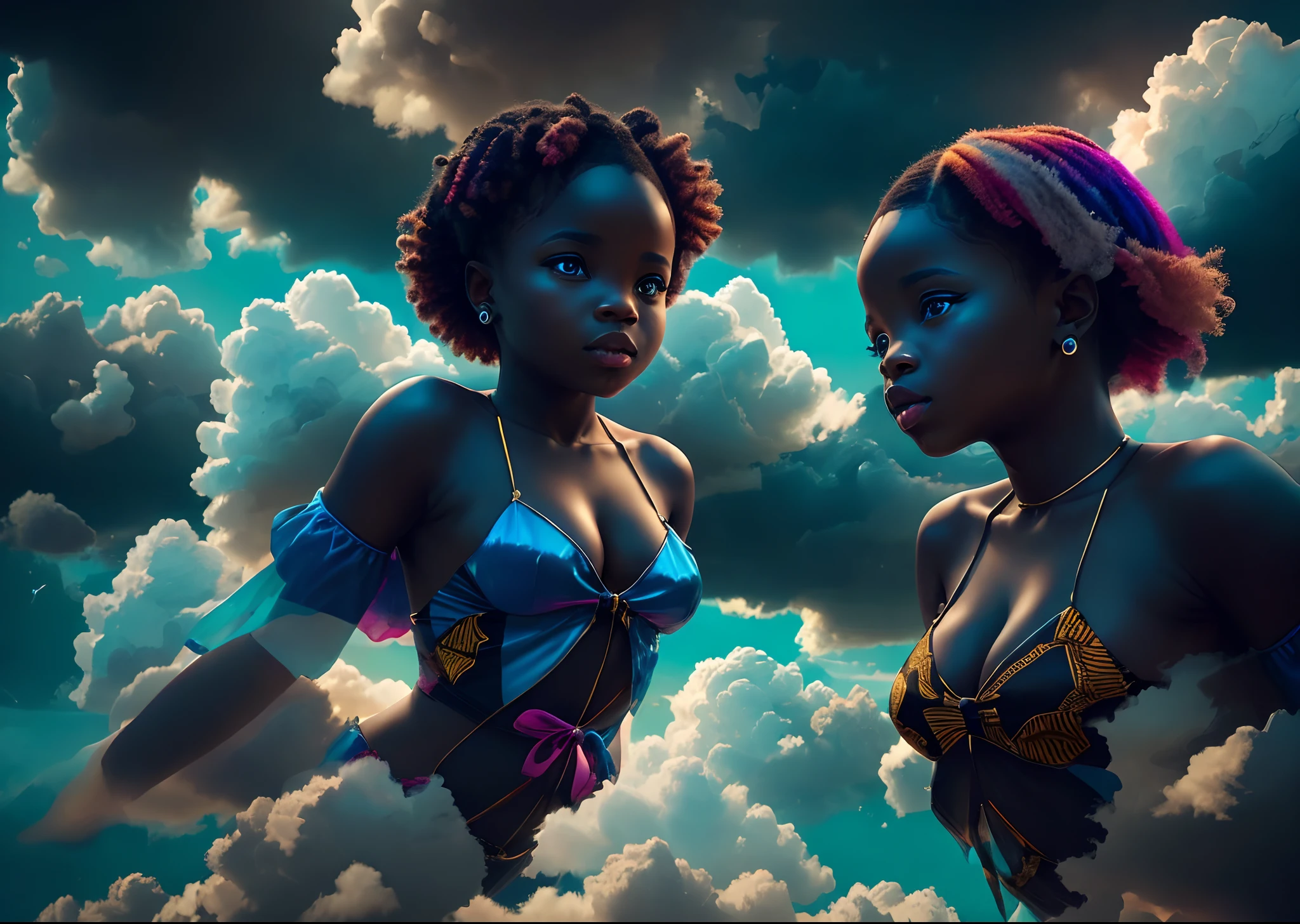 Beautiful black babies dressed in African 
designed clothes,  floating in the sky ,among the clouds reflected by lights of colours of blue and velvet, abstract art, blue and velvet layers of colour in the background,  surrealism, cinematic lighting, artgerm style, 32k, ultra HD, unreal engine rendered, hyper-realistic image --auto --s2