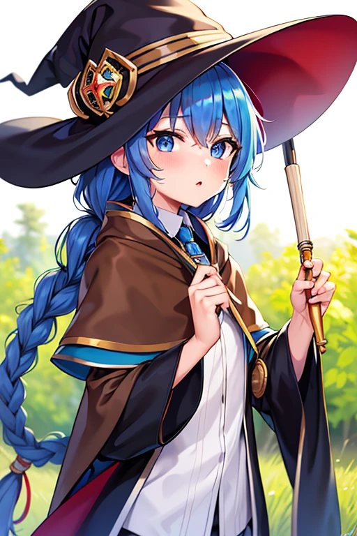 (Best quality), (Masterpiece), ((Beautiful:0.75) Cute girl:0.75), [clear and clean] Pisif (illustration), roxy migurdia, Blue eyes, Blue hair, bangs, Brown cape, Witch hat, Braid,