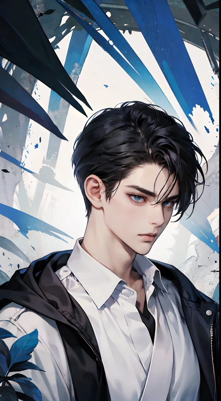 (Hoang Lap,high resolusion,Hiperdetalle,NFFSW),tmasterpiece,Mejor calidad,1child,guapo,Cabello corto y detallado,Ojos finos y rostro detallado,Traje azul y celeste,Hoyuelos,Fondo simple en blanco y negro,Auto-disparo,black dyed hair,piel normal
