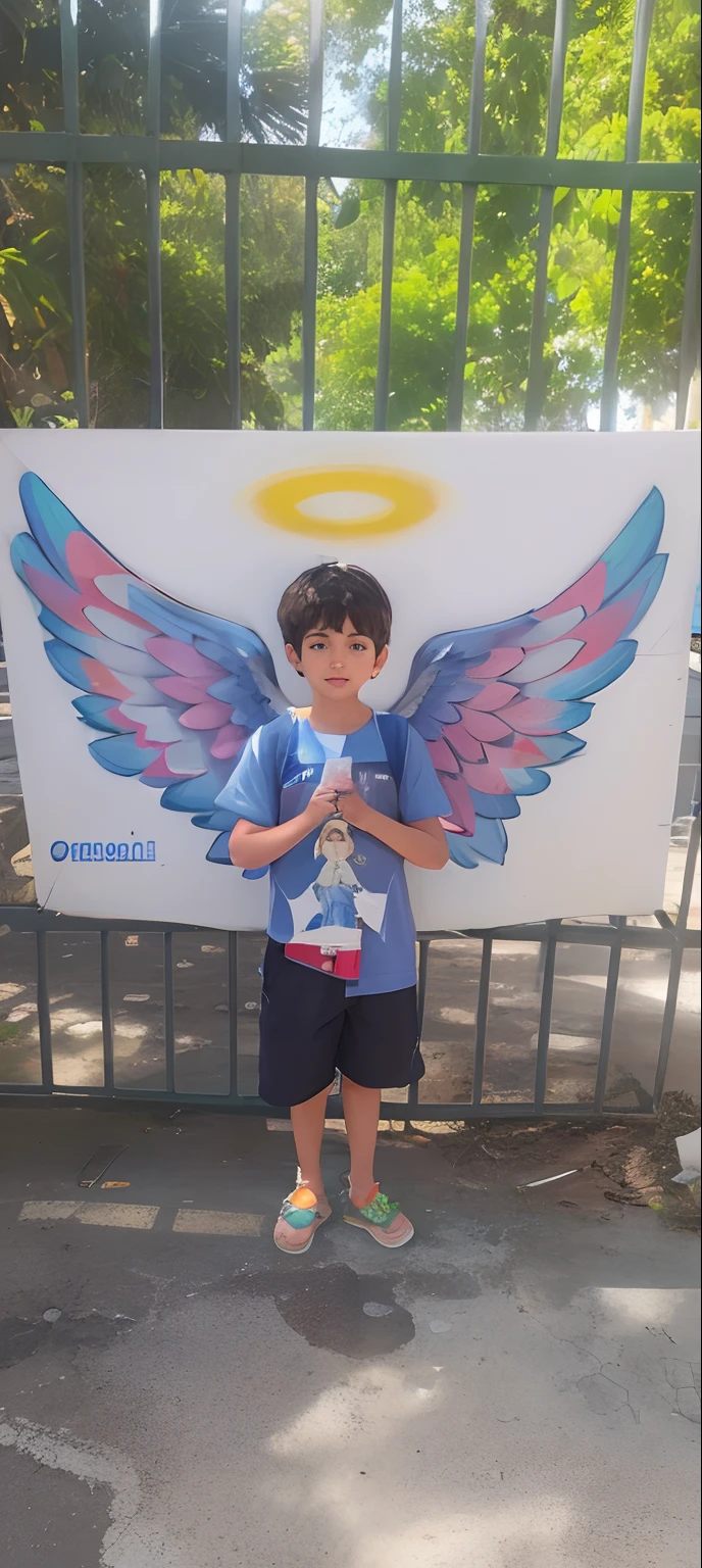 Arafed boy standing in front of a sign with a painting of an angel, menino alado, Miguel Anjo, asas de anjo grande, vestindo anjo, ophanim has bird wings, ser angelical brilhante, asas de anjo grande bem abertas, Um anjo, usando halo de anjo, com asas reais, com asas, Jovem Anjo Wan, daniel mirante, background is celestial