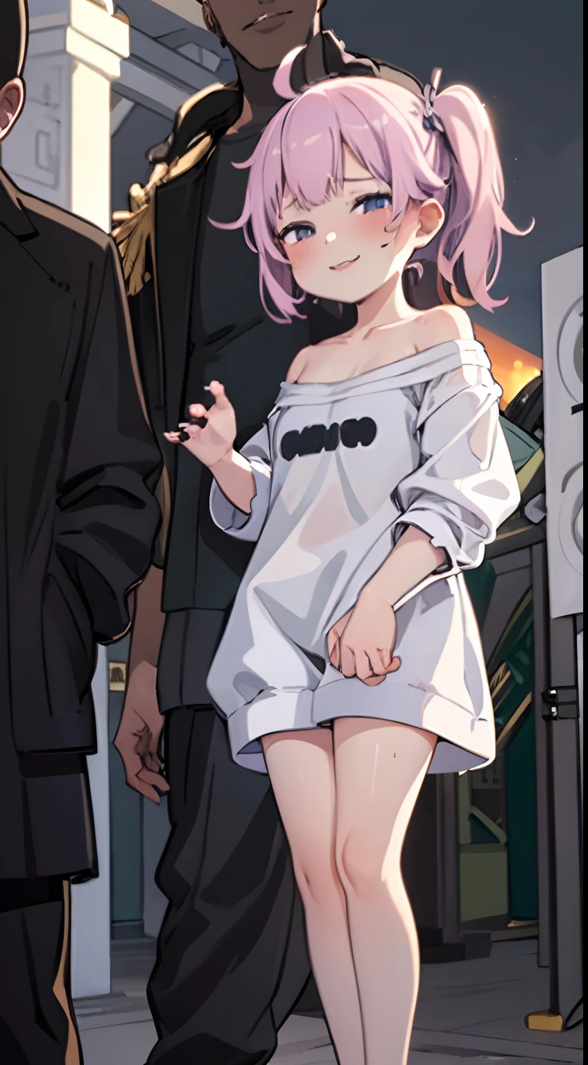 (masterpiece、high quality、high resolution、Detailed face、Detailed people。Detailed Background、Focus on a person、focus、Background blur、Delicate and elaborate、Cinema Lighting、)A young short girl and a muscular middle-aged black man, A girl in an oversized plain T-shirt、(View from the door gap:1.2) (Slim body、Thin limbs、Small face、slender:1.2), 
, , (Wicked Smile:1.2), Clothes falling apart, Short sleeve, Off the shoulder、No underwear、Sunburn, Saucy, blush,(steam,sweat, Vulgarity), 
(Macho middle-aged black man puts his hand on girl&#39;s shoulder:1.3),
An absurd solution, Very detailed, 最high quality, Cute illustrations,