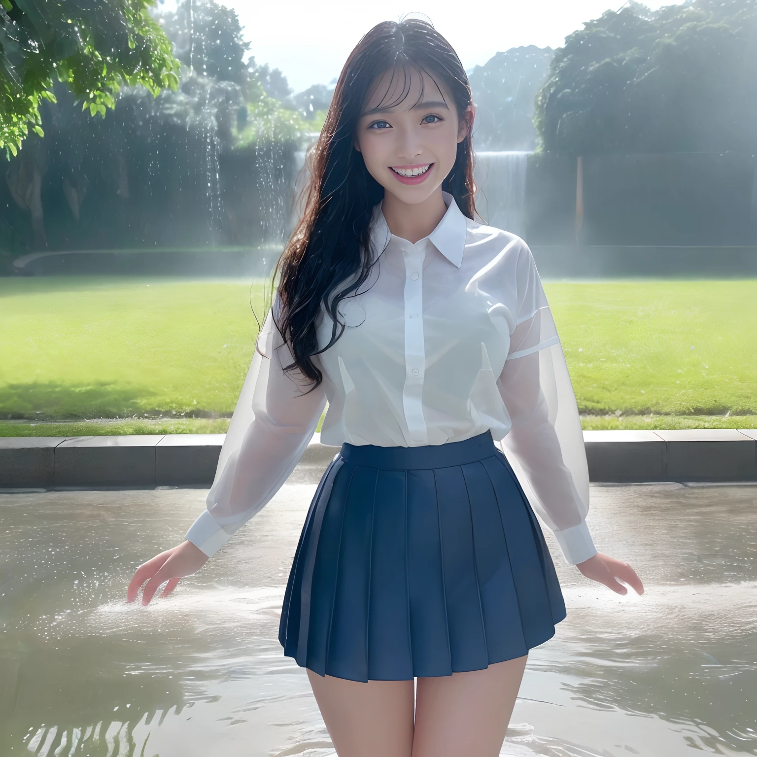 ((Best Quality, masutepiece, 超A high resolution、The most complex and detailed depictions)),1 schoolgirl、((Uniforms covered in water all over the body))、((during daytime、perfect anatomia、Looking at the camera、Biggest smile、White teeth、Beautiful teeth、Looks like a lot of fun、The background is a school route surrounded by nature、The way to school、School route))、(((Unbelievably drenched)))、(((Partly sunny、Partial sunshine、rays of sunshine、Beautiful sunshine、Pale rainbow in the sky)))、((perfect bodies、perfect hand、perfect leg))、((The most realistic rain and water droplets))、((One giant lightning bolt))、((Lightning in the sky))、((Very heavy rain))、((Ōlan))、((The whole body is drenched))、The background is the schoolyard、((Wet white uniform shirt))、(((Real rain)))、The perfect texture of a wet shirt、(((Very intense realistic rain)))、The perfect texture for wet hair、((Drenched hair))、Wet hair sticks to the face、((very wet hair))、((wet and disheveled hair))、((Uniforms soaked all over the body))、The skin is faintly visible from the top of the clothes、Wet and see-through skin、((Perfect texture down to the smallest detail of wet clothes))、Countless water droplets adhere to the body、((Underwear that can be seen through the top of clothes))、((Perfectly expresses the texture of drenched hair))、Wet and shiny hair、((Wearing a dark blue wet skirt))、it is raining heavily、((Very complex and realistic lightning))