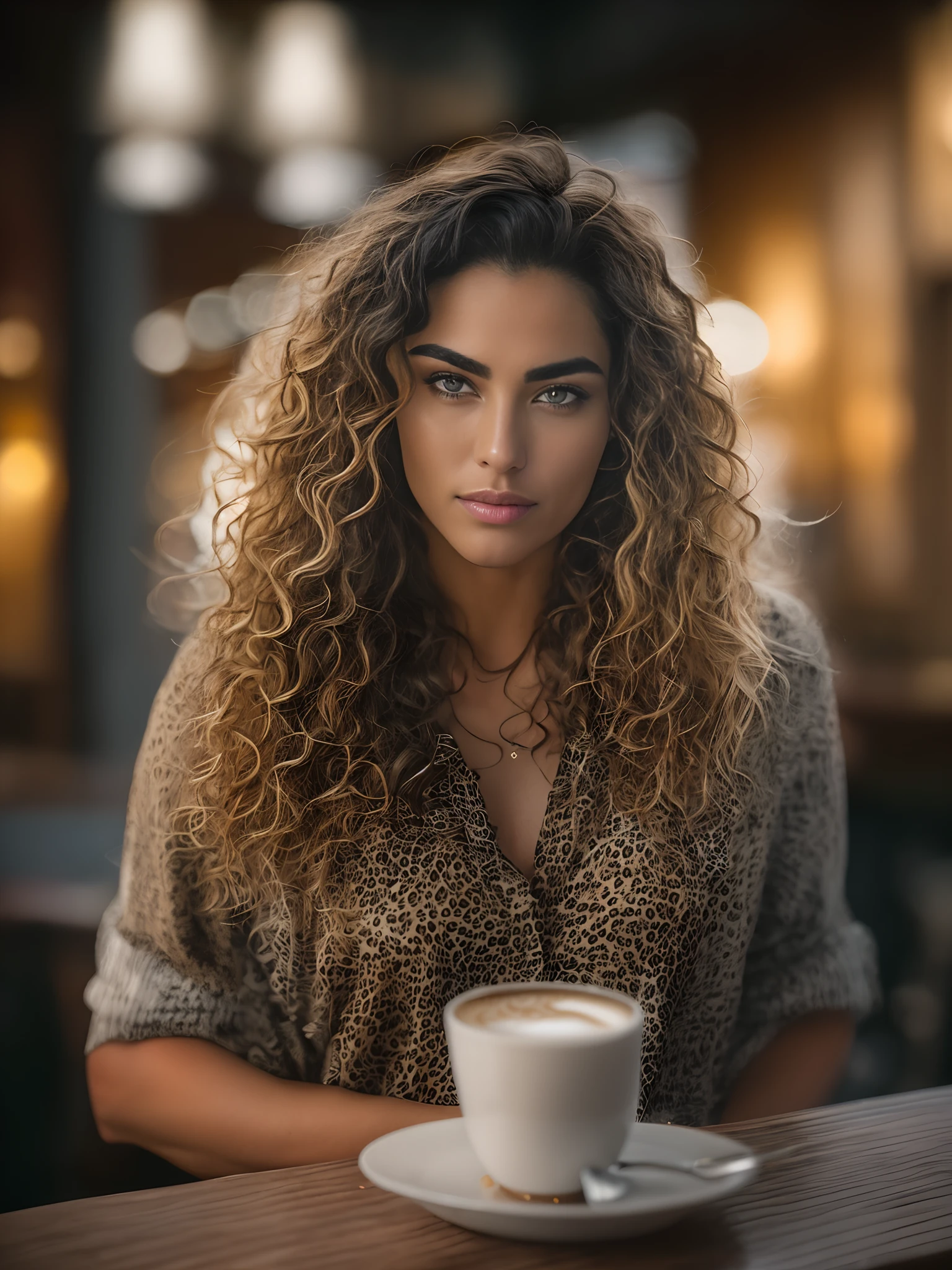 NFSW, Face portrait of a woman with long dark brown curly hair with blonde highlights, light brown skin and detailed seductive eyes, wearing social blouse, drinking coffee with blurred background, best quality masterpiece, photorealistic, detailed, 8k, HDR, shallow depth of field, wide light, high contrast, backlighting, bloom, light glows, chromatic aberration, sharp focus, RAW color photo
