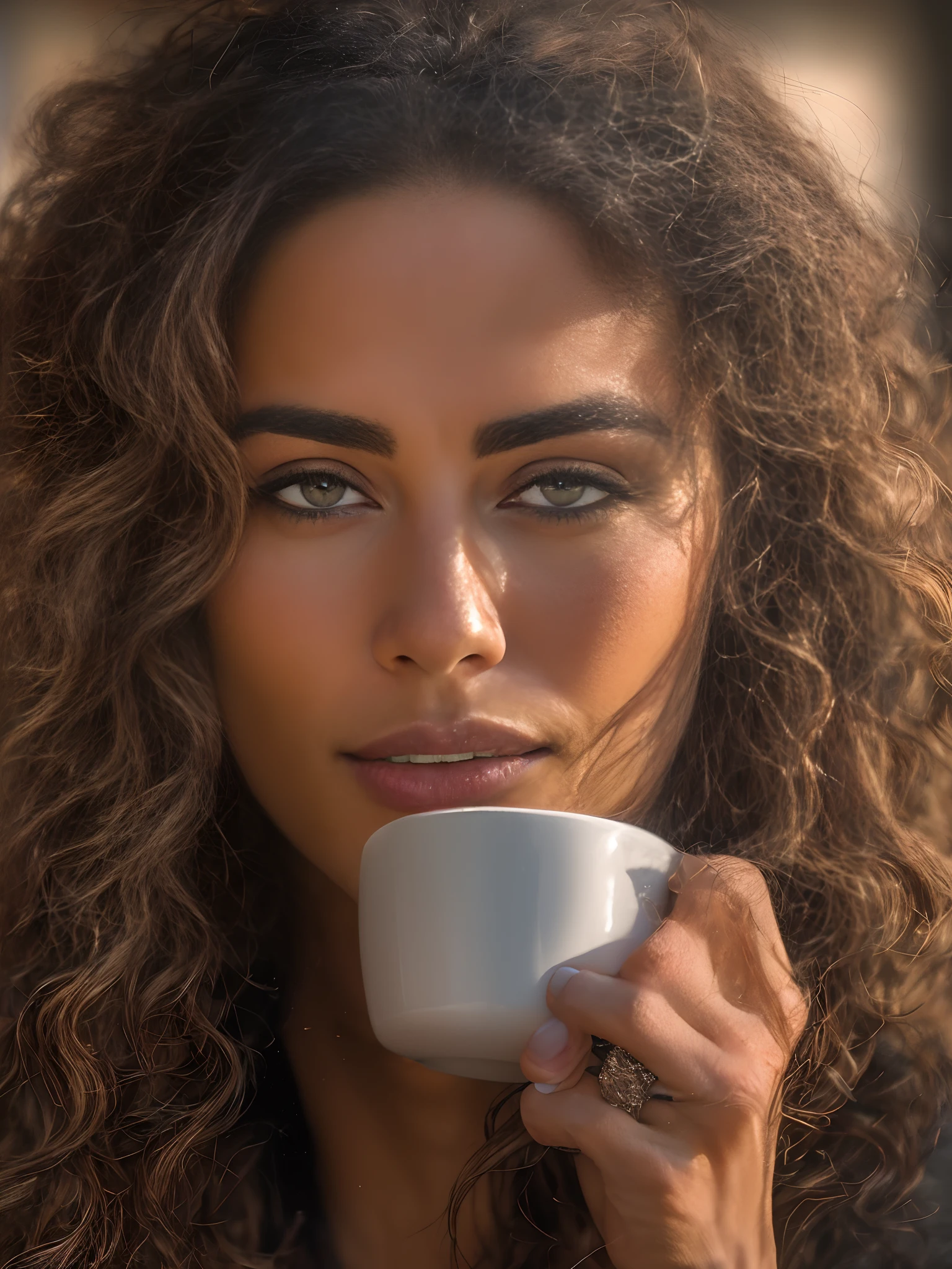 NFSW, Face portrait of a woman with long dark brown curly hair with blonde highlights, light brown skin and detailed seductive eyes, wearing social blouse, drinking coffee with blurred background, best quality masterpiece, photorealistic, detailed, 8k, HDR, shallow depth of field, wide light, high contrast, backlighting, bloom, light glows, chromatic aberration, sharp focus, RAW color photo