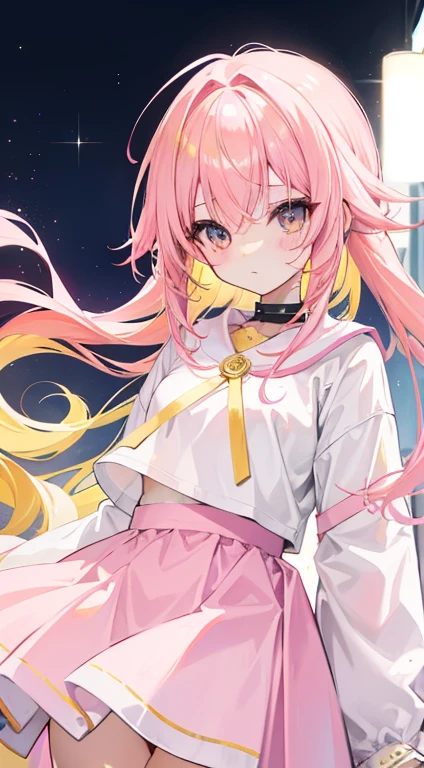 Dreamy shiny light pink yellow hair，Pink and yellow with white clothes，Milky，The eyes are pink-yellow，It's a cute girl