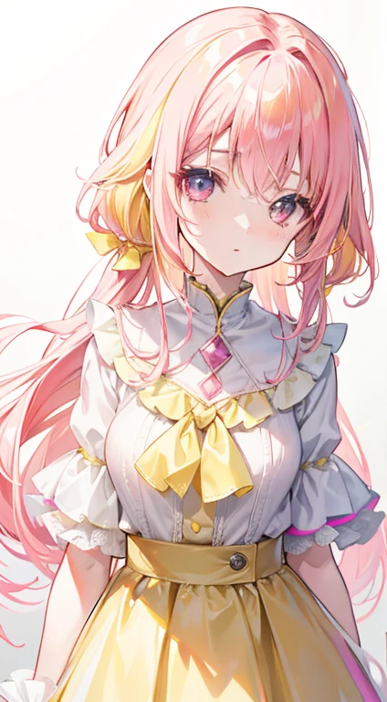 Dreamy shiny light pink yellow hair，Pink and yellow with white clothes，Milky，The eyes are pink-yellow，It's a cute girl