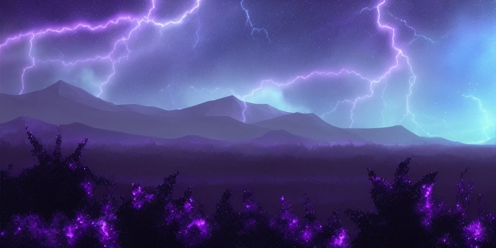 Dark turbulent sky, Blue and purple, blackberries, glowing crystals, toxic vines, mist, vaporwave, sci-fi