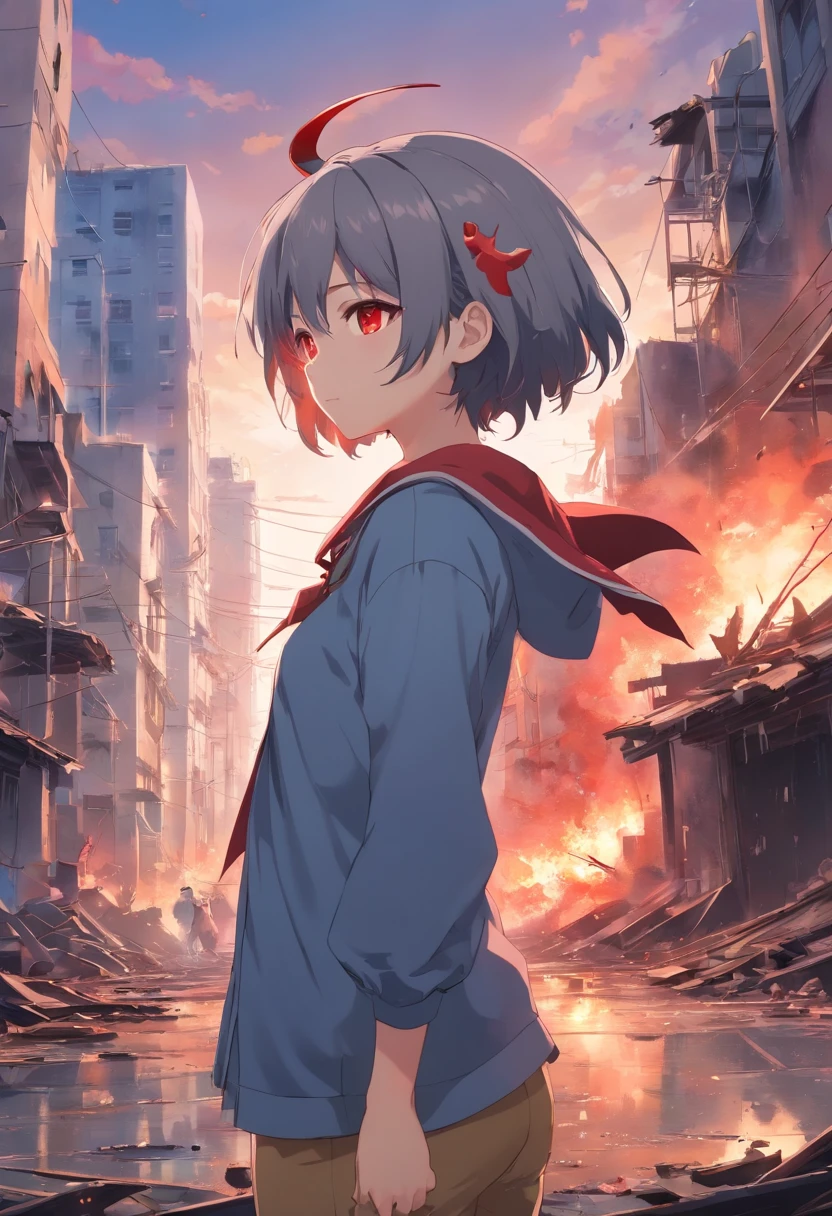 Dull hair, Gray hair，Red eyes，long whitr hair，demonic horns，Broken sailor suit，Girl body type，There are devil's wings on the back，He had a little blood on him，8K，Look into the camera，Empty eyes，Dynamic，Background of the destroyed city