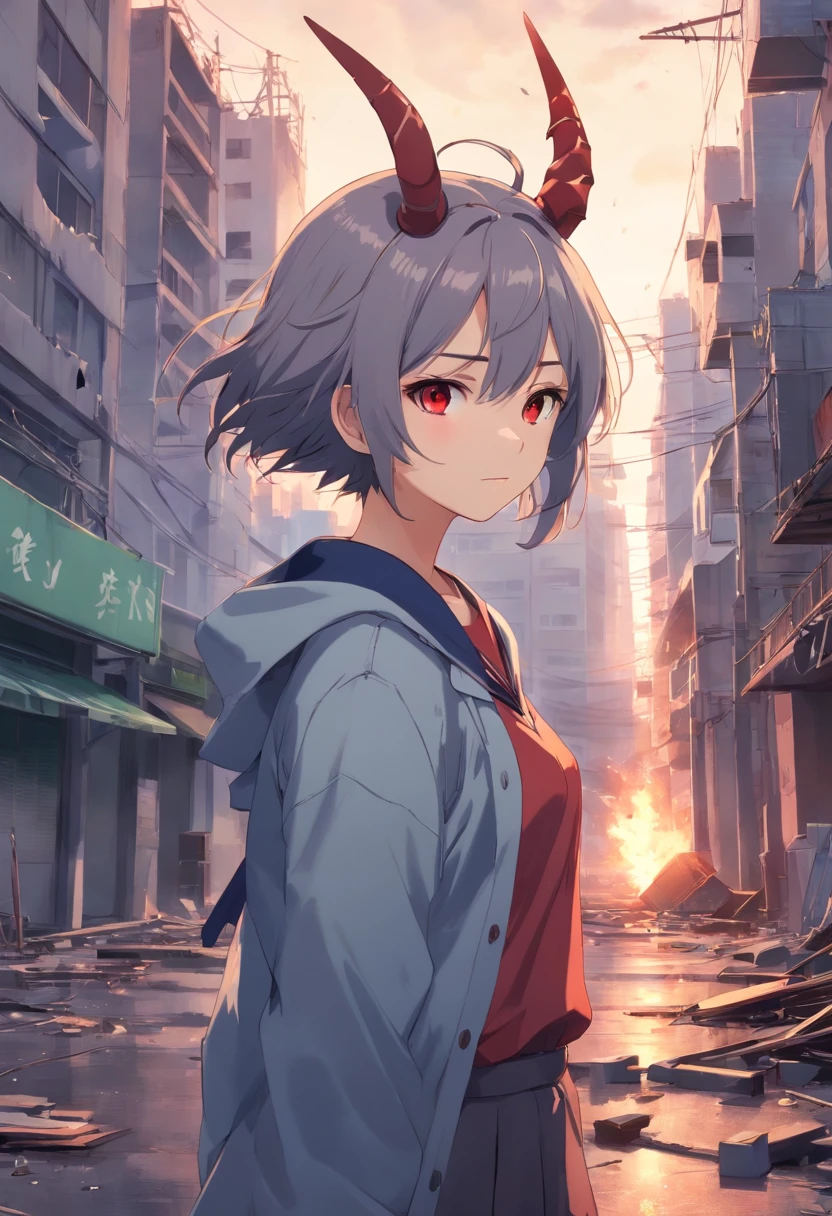 Dull hair, Gray hair，Red eyes，long whitr hair，demonic horns，Broken sailor suit，Girl body type，There are devil's wings on the back，He had a little blood on him，8K，Look into the camera，Empty eyes，Dynamic，Background of the destroyed city