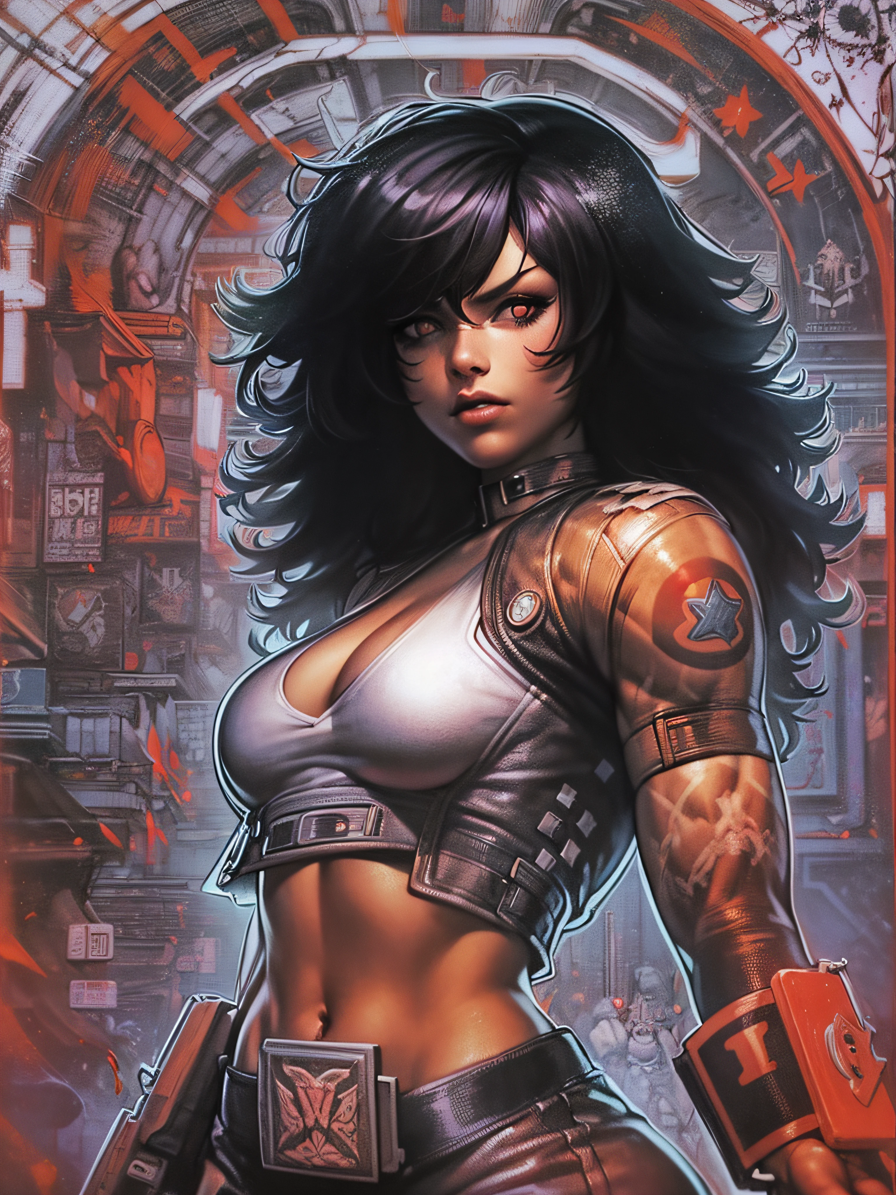 (((mulher))), (((melhor qualidade))), (((obra prima))), (((adulto))), (((1girl))), ((( cabelo preto curto ))), ((( cabelo de corte curto ))), (((random colors))), Uma lutadora de WWE cyberpunk mulher de 25 anos com corpo perfeito, rosto limpo, (( bandaged arms )), (((luva de lutadora de MMA))), tiny leather panties, armadura com texturas intrincadas, quase nua no estilo selvagem urbano de Simon Bisley para a capa da revista Heavy Metal, Spectacular colorful graphics, Minimum clothing, Metal protection on the left arm with intricate graphics, (((Dark random colors with white stars and red and white checkerboard pattern))), armadura, cheio de espinhos, (((do joelho pra cima))), ((( cabelos pretos curtos ))), Ao fundo um ringue com um design intrincado por Shepard Fairey