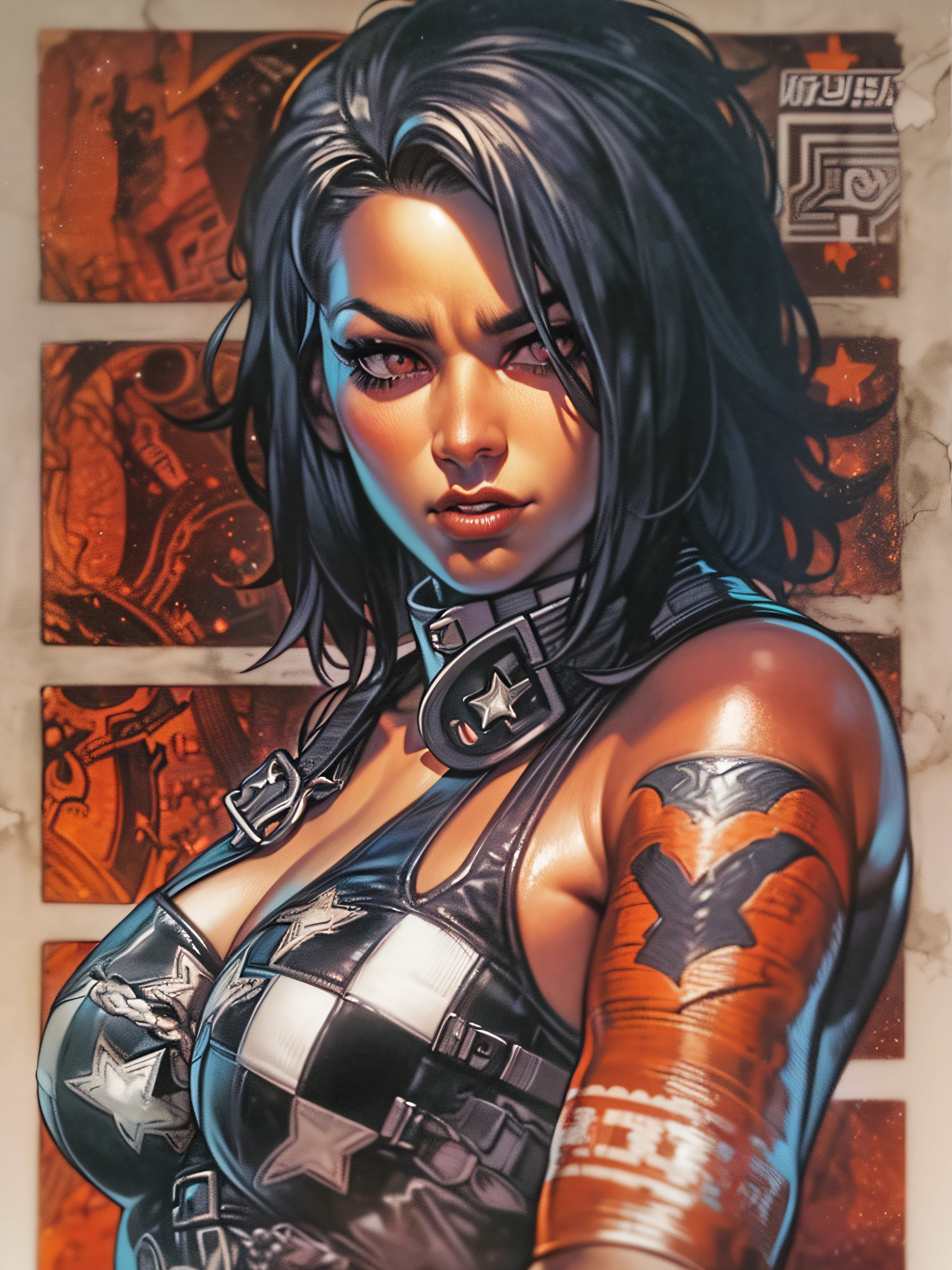 (((mulher))), (((melhor qualidade))), (((obra prima))), (((adulto))), (((1girl))), ((( cabelo preto curto ))), ((( cabelo de corte curto ))), (((random colors))), Uma lutadora de WWE cyberpunk mulher de 25 anos com corpo perfeito, rosto limpo, (( bandaged arms )), (((luva de lutadora de MMA))), tiny leather panties, armadura com texturas intrincadas, quase nua no estilo selvagem urbano de Simon Bisley para a capa da revista Heavy Metal, Spectacular colorful graphics, Minimum clothing, Metal protection on the left arm with intricate graphics, (((Dark random colors with white stars and red and white checkerboard pattern))), armadura, cheio de espinhos, (((do joelho pra cima))), ((( cabelos pretos curtos ))), Ao fundo um ringue com um design intrincado por Shepard Fairey
