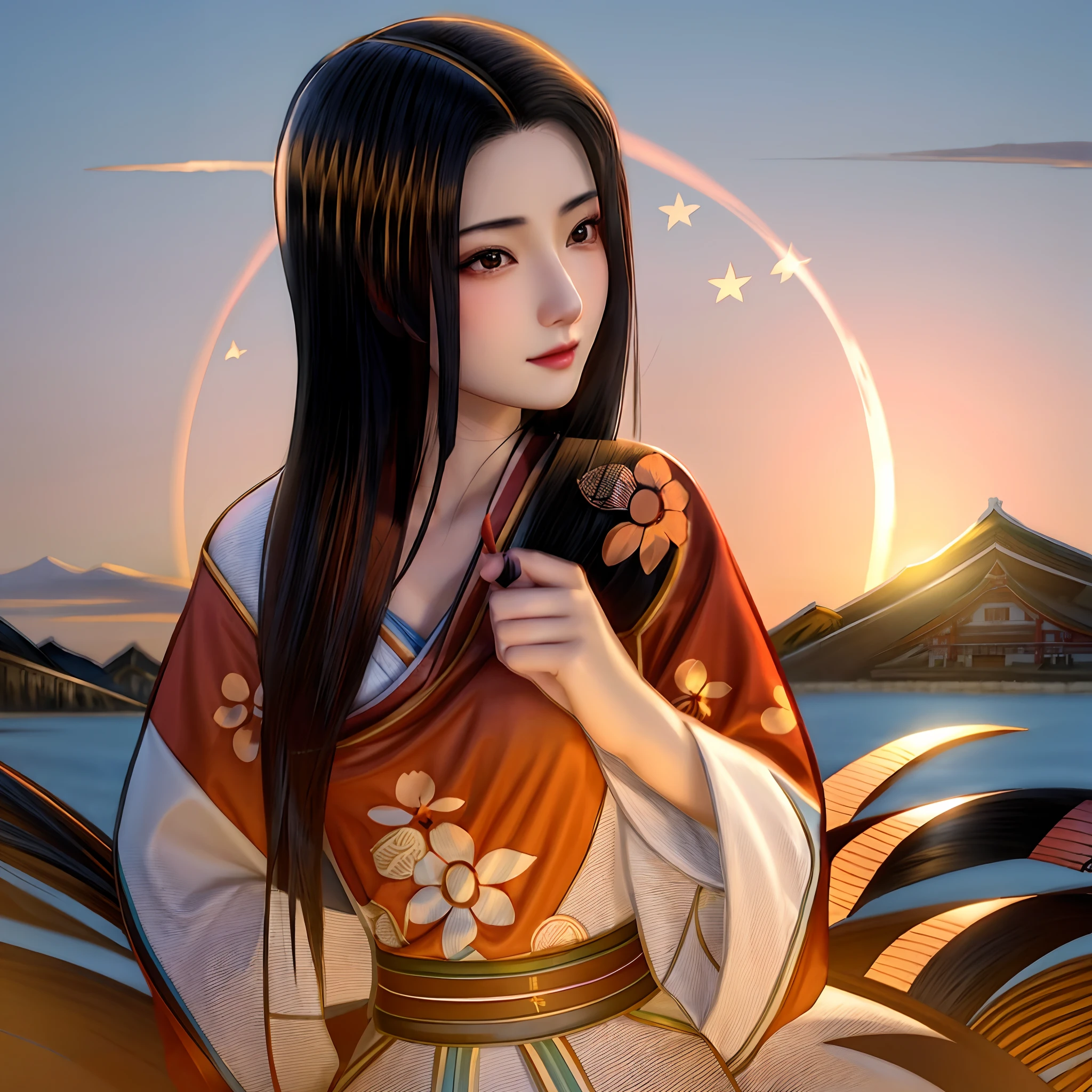a beautiful straight-haired geisha wearing a beautiful kimono in front of a mountain, with a beautiful giant sunset behind, Japanese realistic art style, inspired by ultra-realistic art, in the realistic art style - E, inspired by realistic art impressive , inspired by amazing realism art, Japanese realistic art style, beautiful avatar photos, inspired by exquisite image in Japanese realistic style.