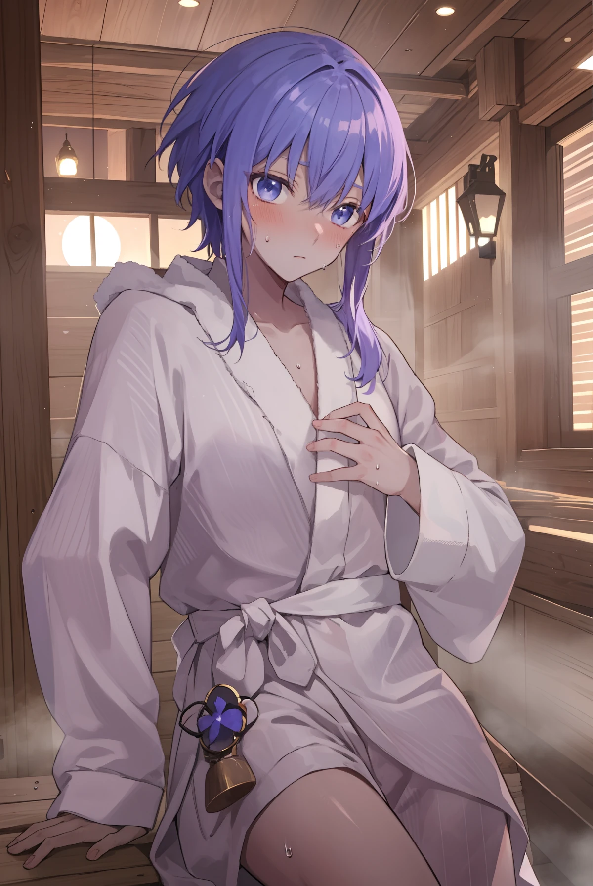 ​masterpiece，high-level image quality，hightquality，Anime style，Fate，Hasan of Tranquility，purple color  hair，Purple eyes，darkskinned，Dark skin，，Slender figure，Crumbling and thin bathrobe，Large wooden sauna room，Purple Steam，Blushing expression，Sweaty body，Abnormal sweating，