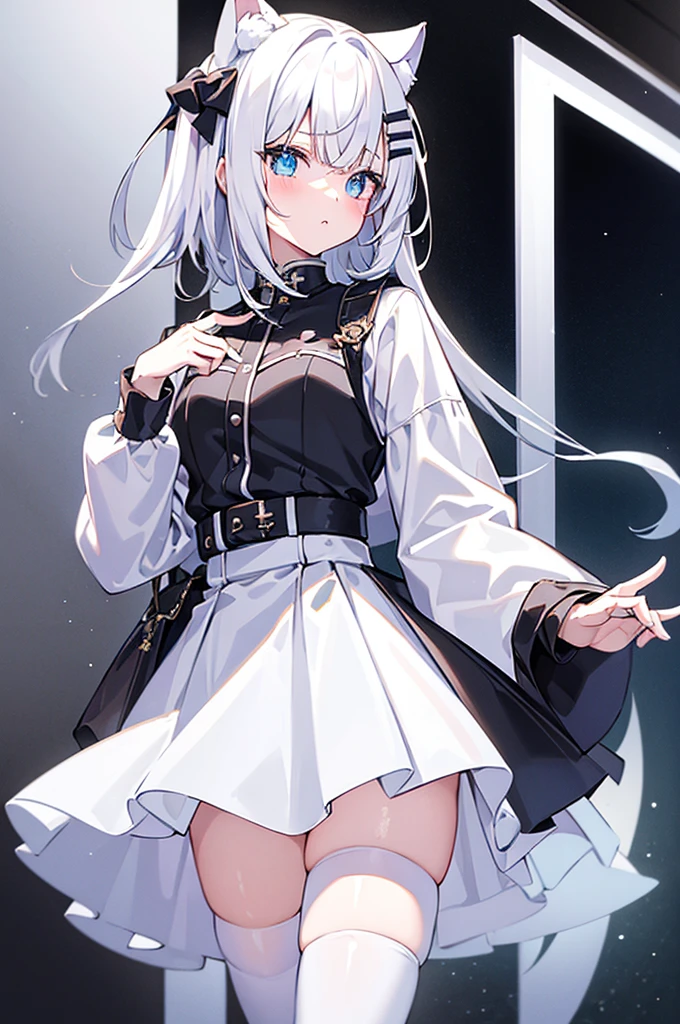 Masterpiece, Best quality, A high resolution, 1 Girl Risfield hair ornament, Heterochromic pupils,white color hair,short detailed hair,cat ear,校服:White jacket,longer sleeves,a black skirt,Thigh boots,Starting below, Hands in pockets