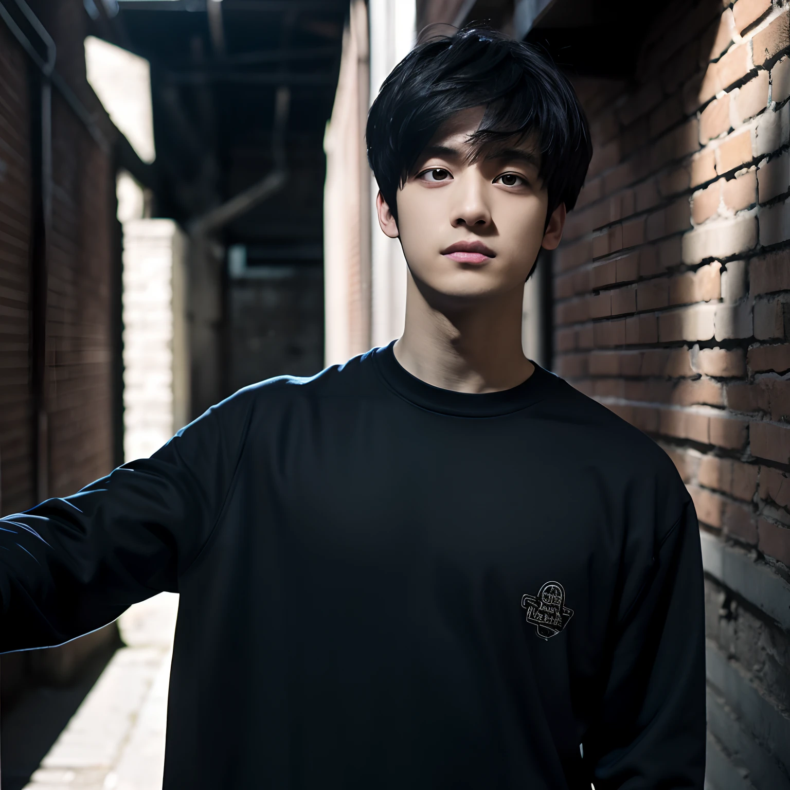 masutepiece, Detailed picture,Single male,late 20s age, The upper part of the body, A dark-haired, Black eyes, gloom, reach out to viewer,Dynamic Angle,Wearing a sweatshirt,Reviewer is watching, background is back alley