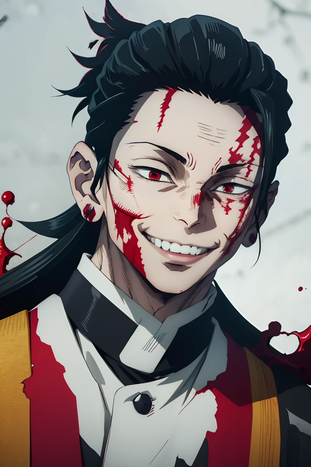 white young man, lindo, suguru geto hairstyle, brain out, Creepy smile, red eyes, blood, unforme demon slayer, dark, Stitched head, costura na testa, black hair, hand in head, swoh teeth