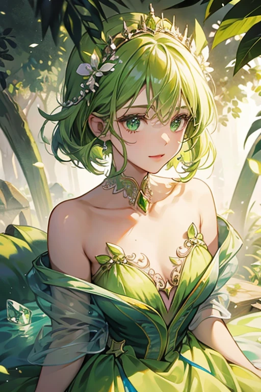 (Masterpiece, Best quality:1.2), Solo, 1loli, hair adornments, Green clothes, flatchest, jewelry,, Bare shoulders side face swing under the moon