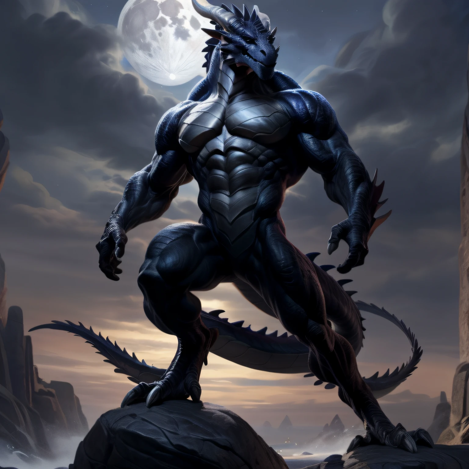 Void fiend, enormous torso, large chest, gargantuan biceps, night, sensual, giant muscles, titanic abs, lies on rock, detailed, uploaded to e621, beautiful and detailed portrait ((male))), ((solo)), Boris vallejo  ross tran, ruan jia, bonifasko, uploaded to e621, zaush, movie lighting, long tail, standing, moon lights, open legs, dragon,