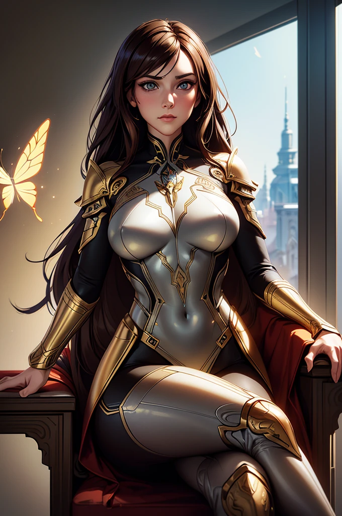 Portrait of a beautiful cyborg with 8k brown hair, intricate, elegant, highly detailed, majestic, digital photography, art by artgerm and Ruan Jia and Greg Rutkowski, surreal painting, golden butterfly filigree, silver laex tunic, (masterpiece, side light, delicate beautiful eyes: 1.2), Human Development Report, sitting in chair