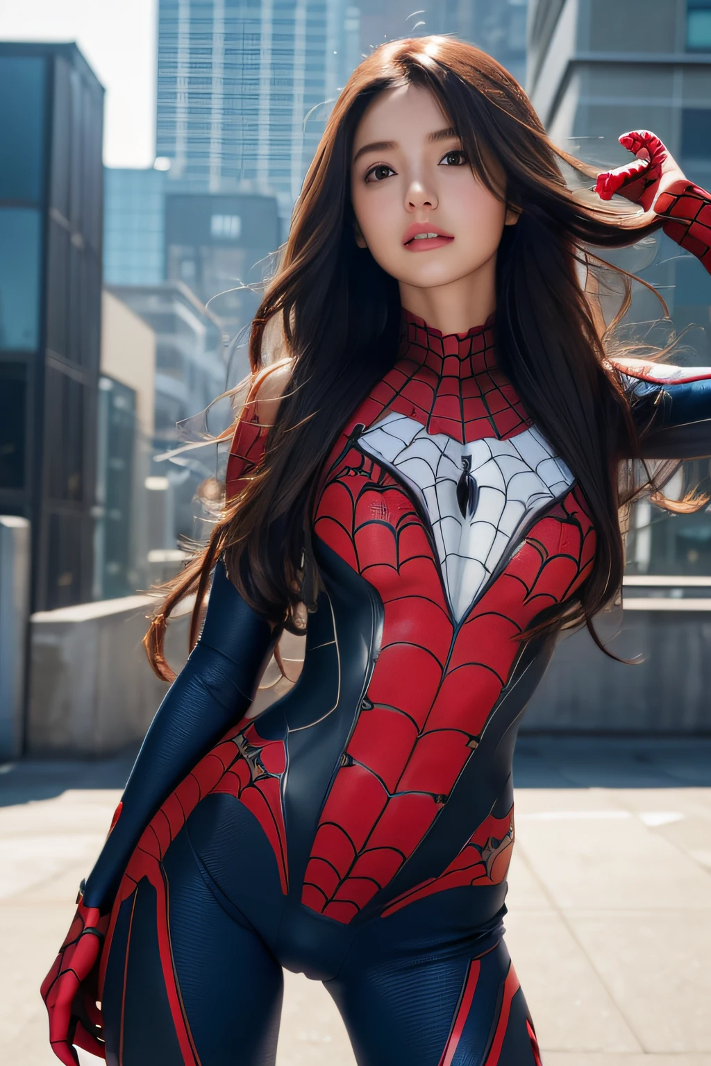 (best quality,ultra-detailed,realistic:1.37), digital illustration, (sexy woman wearing a Spiderman costume), detailed eyes and face, beautiful detailed lips, sexy body, long eyelashes, big breasts, ((Undressing Nude,show your pussy)), Close-up photo, woman wearing a Spiderman costume, torn costume revealing breasts, long hair, ((Take a photo from below the thigh)),vibrant colors, dramatic lighting, comic book style, woman wearing a Spiderman costume, seductive pose, skyscraper background, dark sky, tall buildings