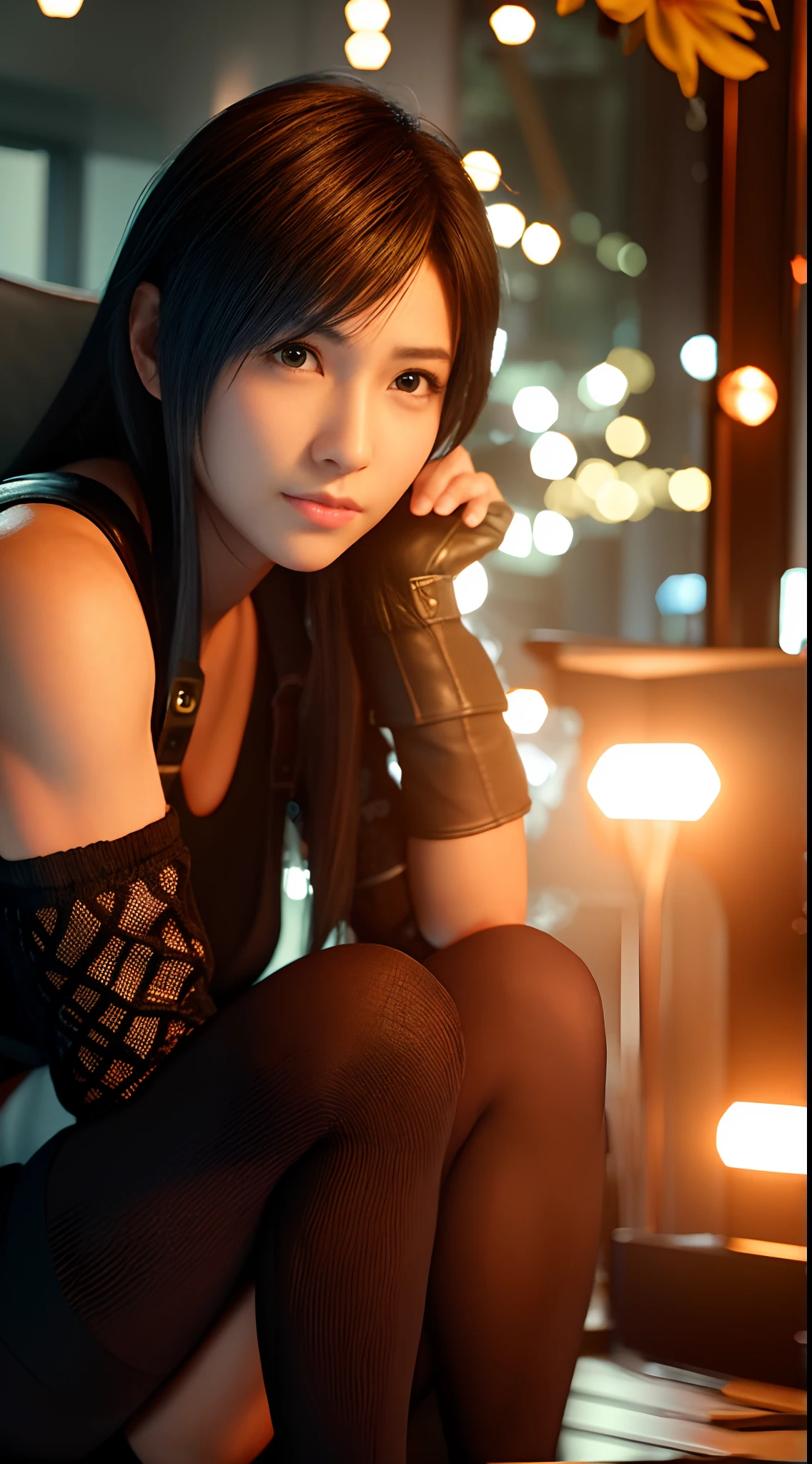 (8K, Best quality, Masterpiece:1.2), (Realistic, photo-realistic:1.37), Ultra-detailed, 《Final Fantasy VII Remake》Detailed portrait of Zhongtifa Lockhart，Sit in a fine café in the middle of the cityscape on a date, Looks cute and alone，There are beautiful details of eyes and nose blush. She wears an elbow pad, Ankle boots, a black skirt, black thigh highs, and red boots, Together with elbow gloves, elbow pads, and fingerless gloves. Her outfits include sports bras, suspender skirt, thigh high, and white vests. Her entire body can be seen，Her head rested on her hand, Show off her pretty face, low-tied long hair, and lips. The scene is illuminated by professional lighting, フォトンマッピング, and radiosity, Tetsuya Nomura style and network futuristic feel. The background features yellow flowers and bokeh effects. Tifa smiled slightly，Closed his mouth.