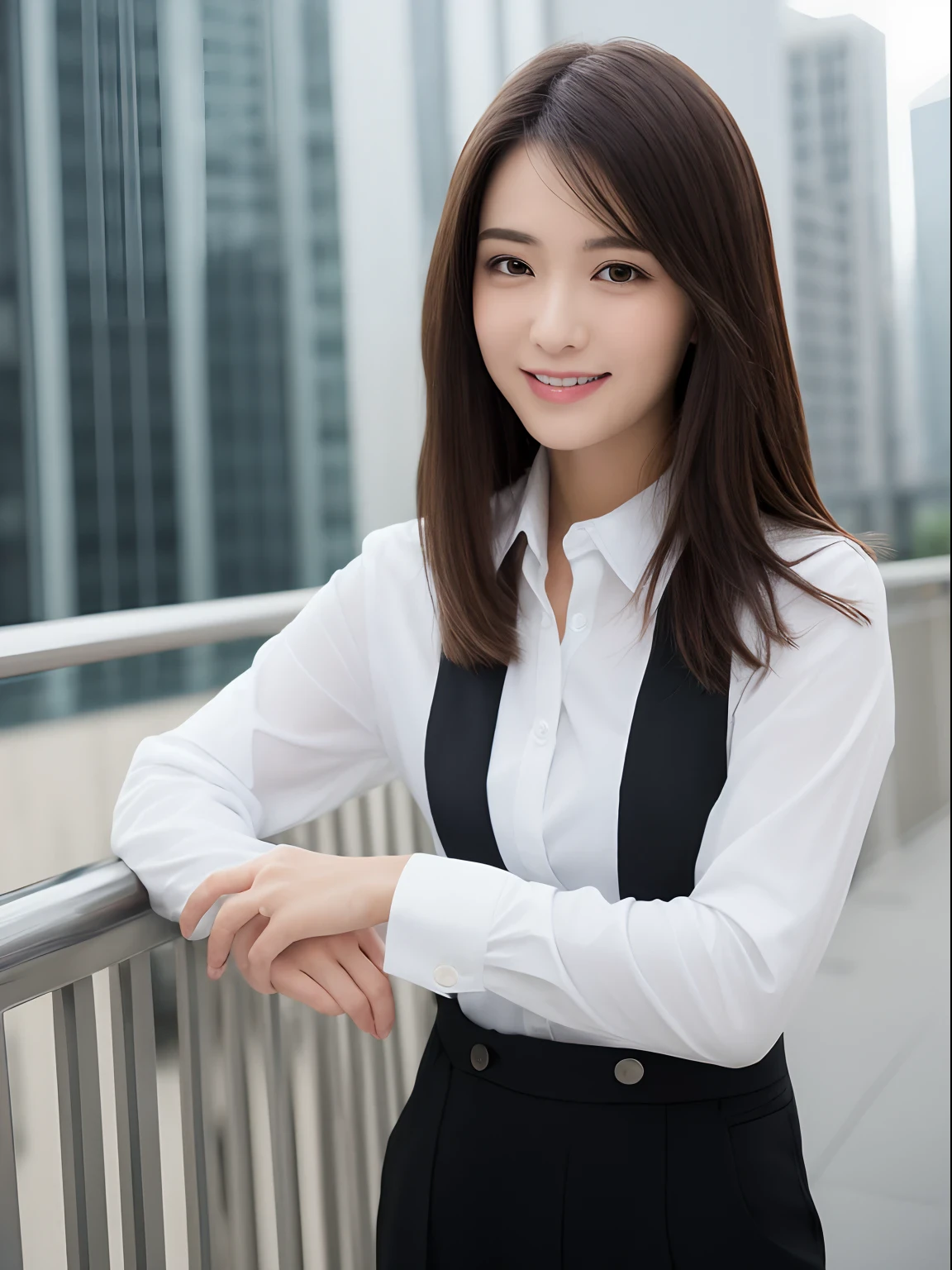 ((Best Quality, 8K, masutepiece: 1.3)), 1 girl, Smile, Full body, Slim Face, Pretty Woman, Short dark brown hair, White crisp shirt at upper body, Black straight suit pants on upper body, high-heels, Super Detailed Face, Detailed eyes, Double eyelids, Blurred background, Slim Face, highrise buildings