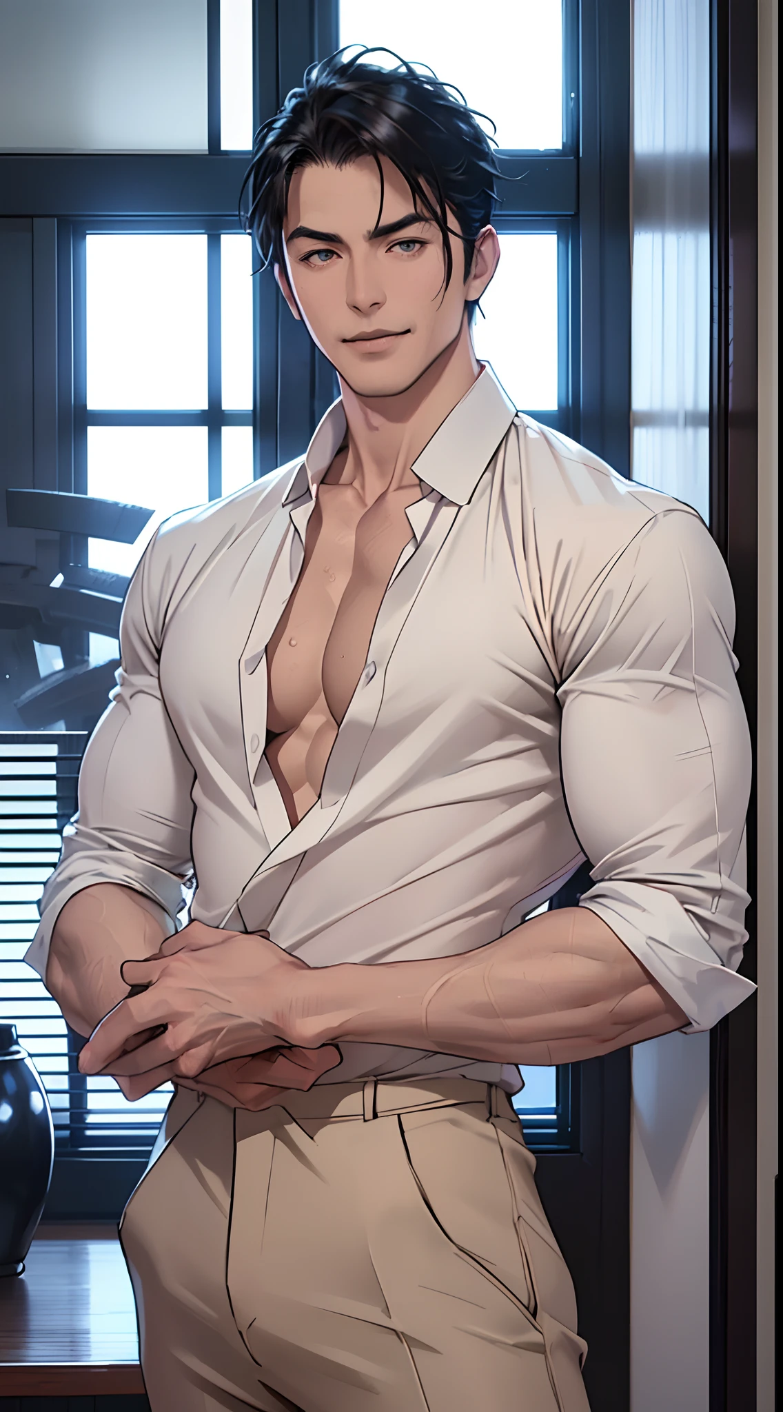 Handsome and strong Japan yakuza 35-year-old black-haired man. He is dressed in a white shirt and dress pants. He is handsome and masculine. Smug smile looking at camera and smoking. He is in a night apartment with views of the night city through the window. Blue lights. Healthy complexion,(pale skin),elongated body shape, (((Ultra-low angle shooting))),((((high detal)))), (Full Shot), (Photorealsitic,Photorealistic,Photorealsitic:2), (perfect bodies), (Perfect face),(dregs:1.5), (Perfect Eye), dangerous, bad ass, epicd, ((((with detailed face,Correct body structure,Correct body proportions)))). At night. High contrast.