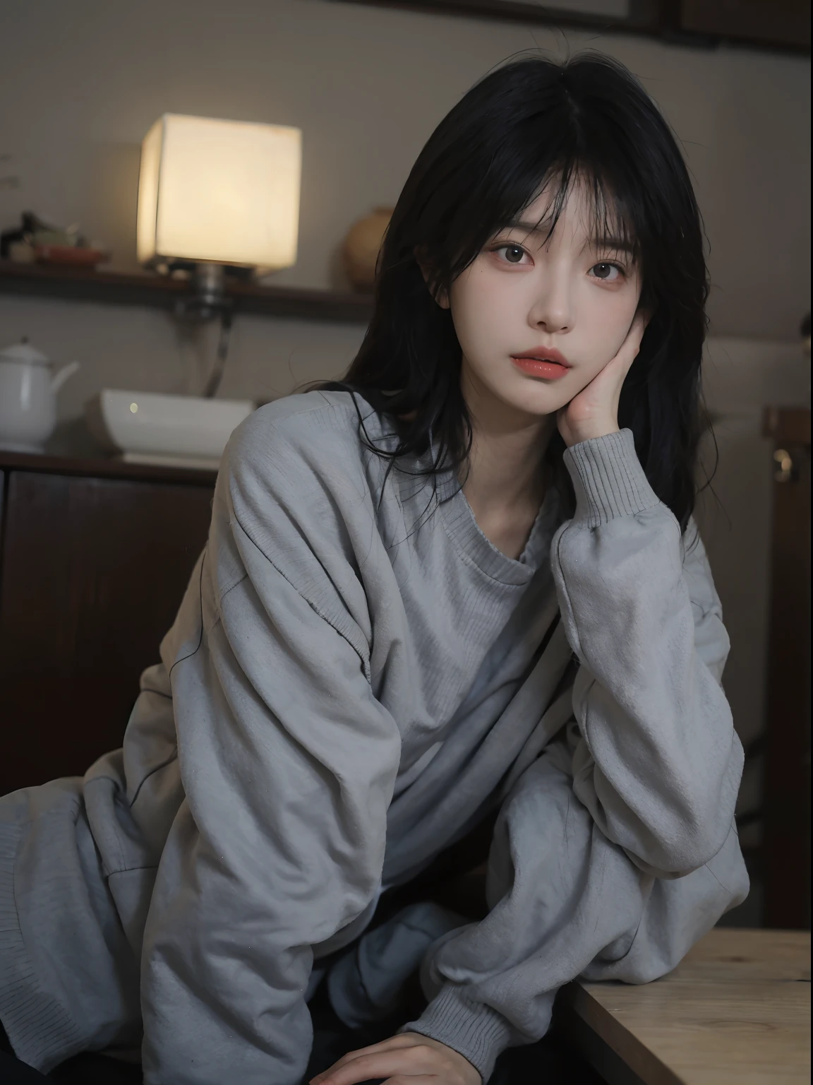 best qualtiy, 超高分辨率, (realisticlying:1.4), A woman with long black hair and a gray sweater, 中景 the scene is, She has black hair,By bangs, young lovely Korean faces, wan adorable korean face, ulzzangs, Shin Jinying, beautiful aesthetic face, Korean face features, Played by Liu Lee Ji Eun ,Beautiful realistic face