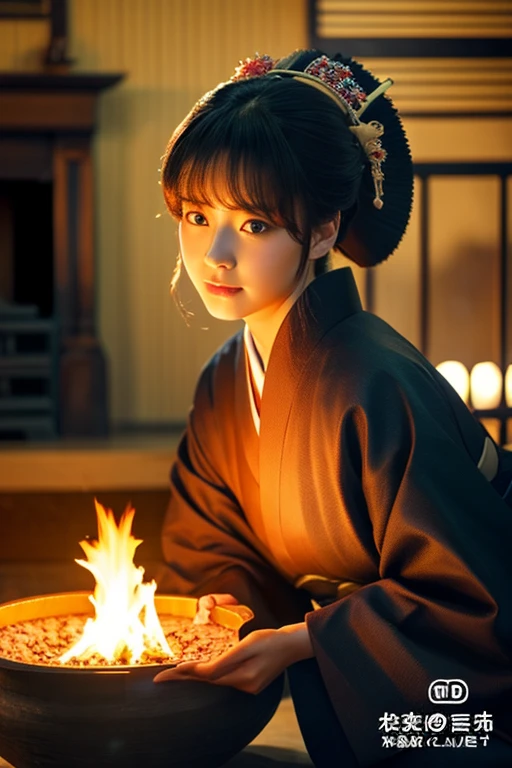 top-quality、masterpiece、gravure、Taisho Era、kimono、furr、4k、hight resolution、huge tit、Beautie、Idle face、fireplace、Fire Lamp