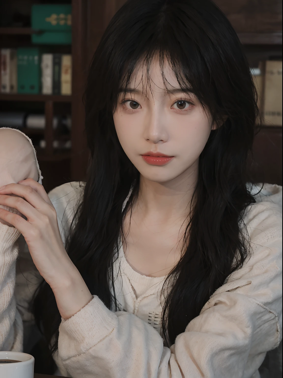 best qualtiy, 超高分辨率, (realisticlying:1.4), A woman with long black hair and a gray sweater, 中景 the scene is, She has black hair,By bangs, young lovely Korean faces, wan adorable korean face, ulzzangs, Shin Jinying, beautiful aesthetic face, Korean face features, Played by Liu Lee Ji Eun ,Beautiful realistic face