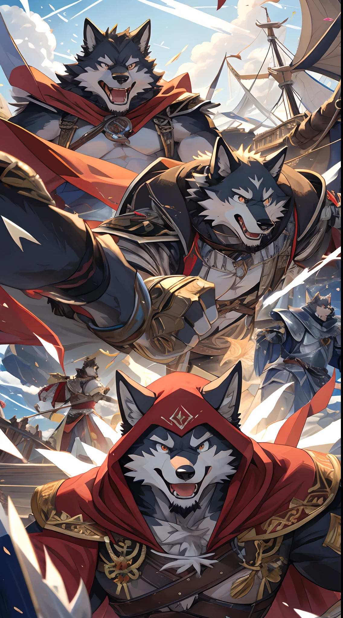 Anthro((dramatic))epic, dynamic pose, One scene of movie, An extreme perspective with a powerful composition, absurdres, Perfect Anatomy, magnificent picture of kemono fighting fierce battles, (ultra detailed), sharp focus, niji, eyesgod, black eye, furry, light-white fur, brown fur, black beard, anthro (wolf), male, middle-aged, gray body, white belly, white body, brown body, tail, muscular, knight costume, long red cherry cloak, ultra detailed face, blue sky with clouds, sailing on huge medieval ship, windy weather, expressions, happy, joyful, excited, seasick, heavy breathing, suprised, laughing, panicking, detailed property, motion blur, (best quality), (masterpiece), high details, high quality, award winning, highres, HD, 16k, 6+boys, (selfie:0.2), (group shot:0.5)