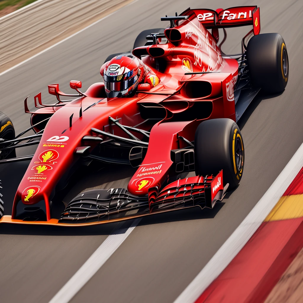 Kim Taehyung do bts com o uniforme de ferrari de formula 1 com uma pista de corrida ao fundo e o carro da ferrari