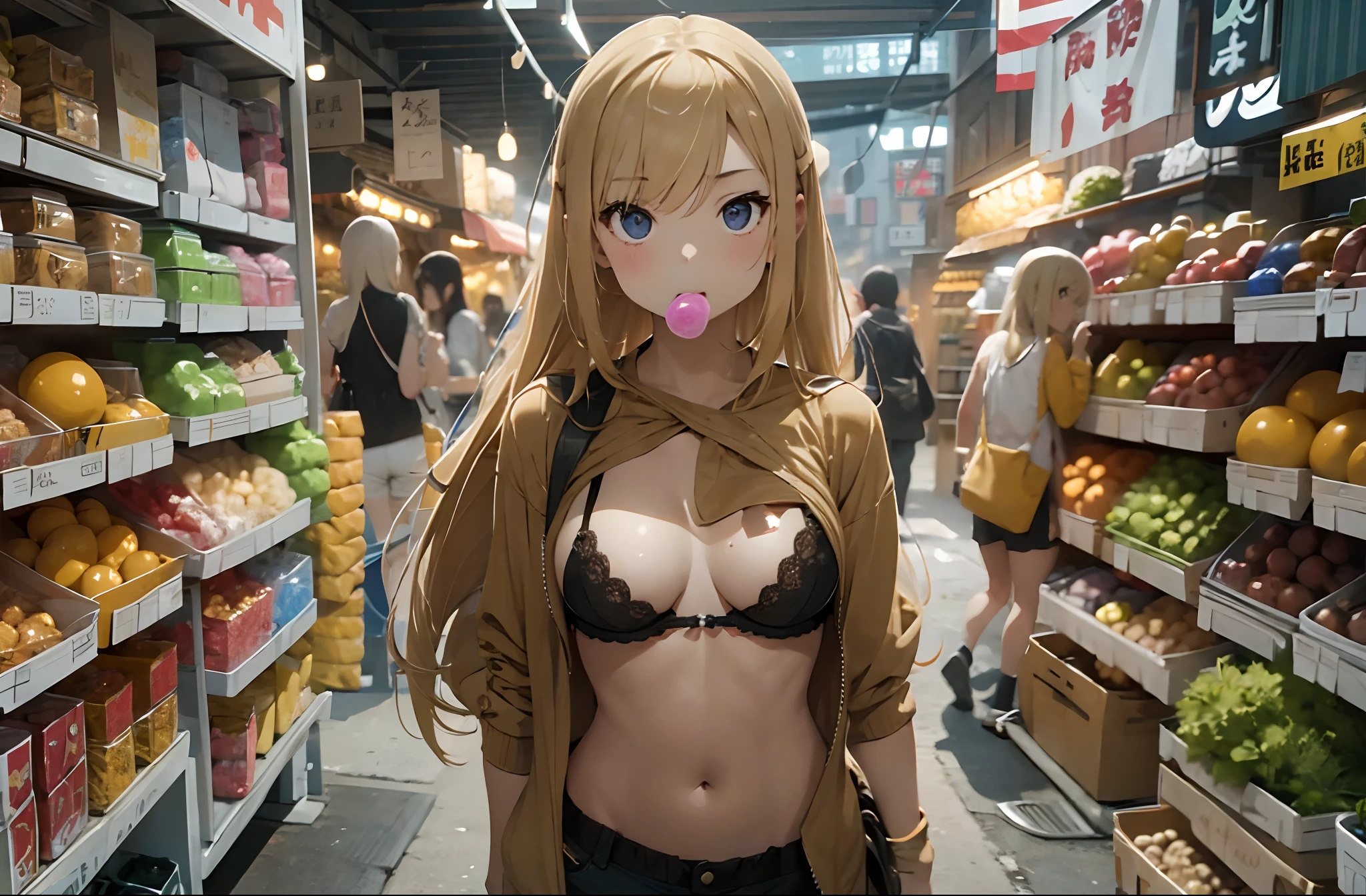 young blonde girl in the market, thin body, wearing black bra, thin waist, gum ball in her mouth, holding a lollipop, small straight breasts, flat breasts