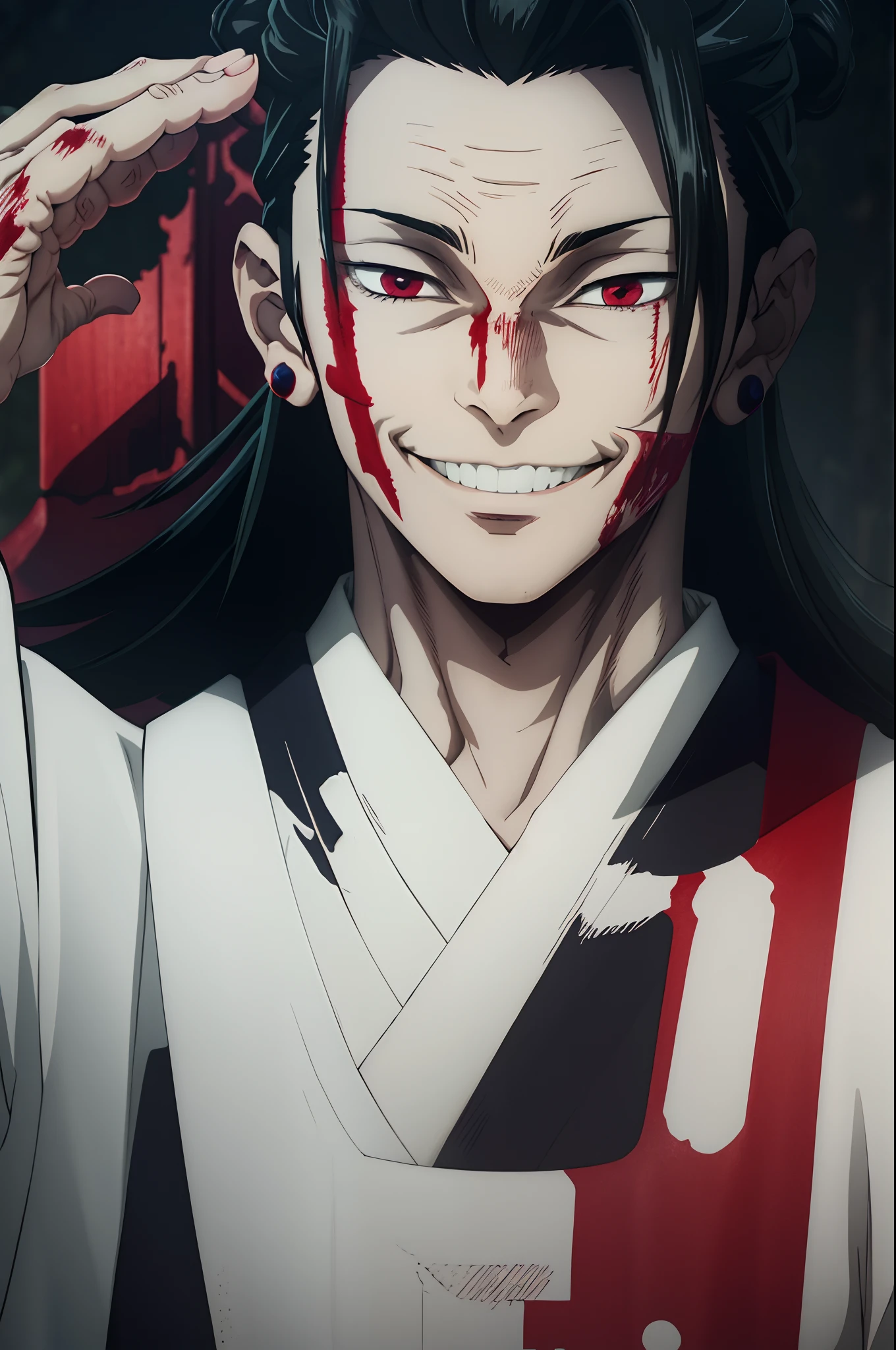 white young man, lindo, suguru geto hairstyle, brain out, Creepy smile, red eyes, blood, unforme demon slayer, dark, Stitched head, costura na testa, black hair, hand in head, swoh teeth