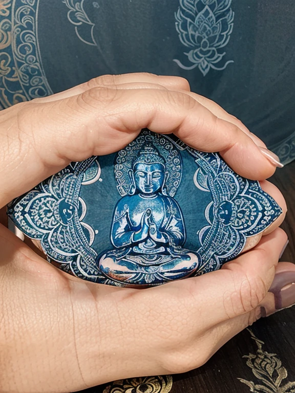 Buddha middle, woman bodhisattva left and man bodhisattva right, mandala background, intricate details