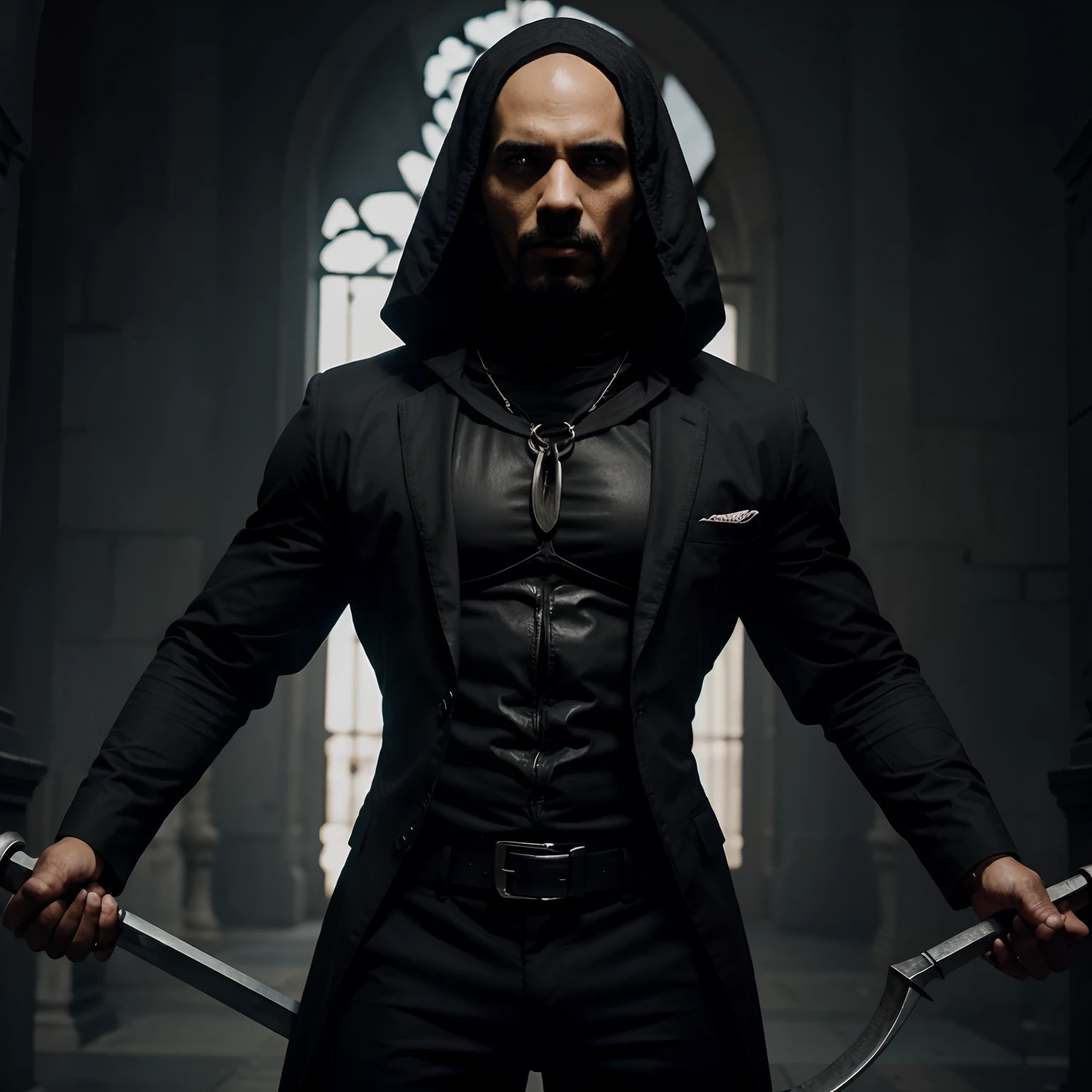 Personagem masculino, negro e careca. Necromancer with two hand scythe and black suit