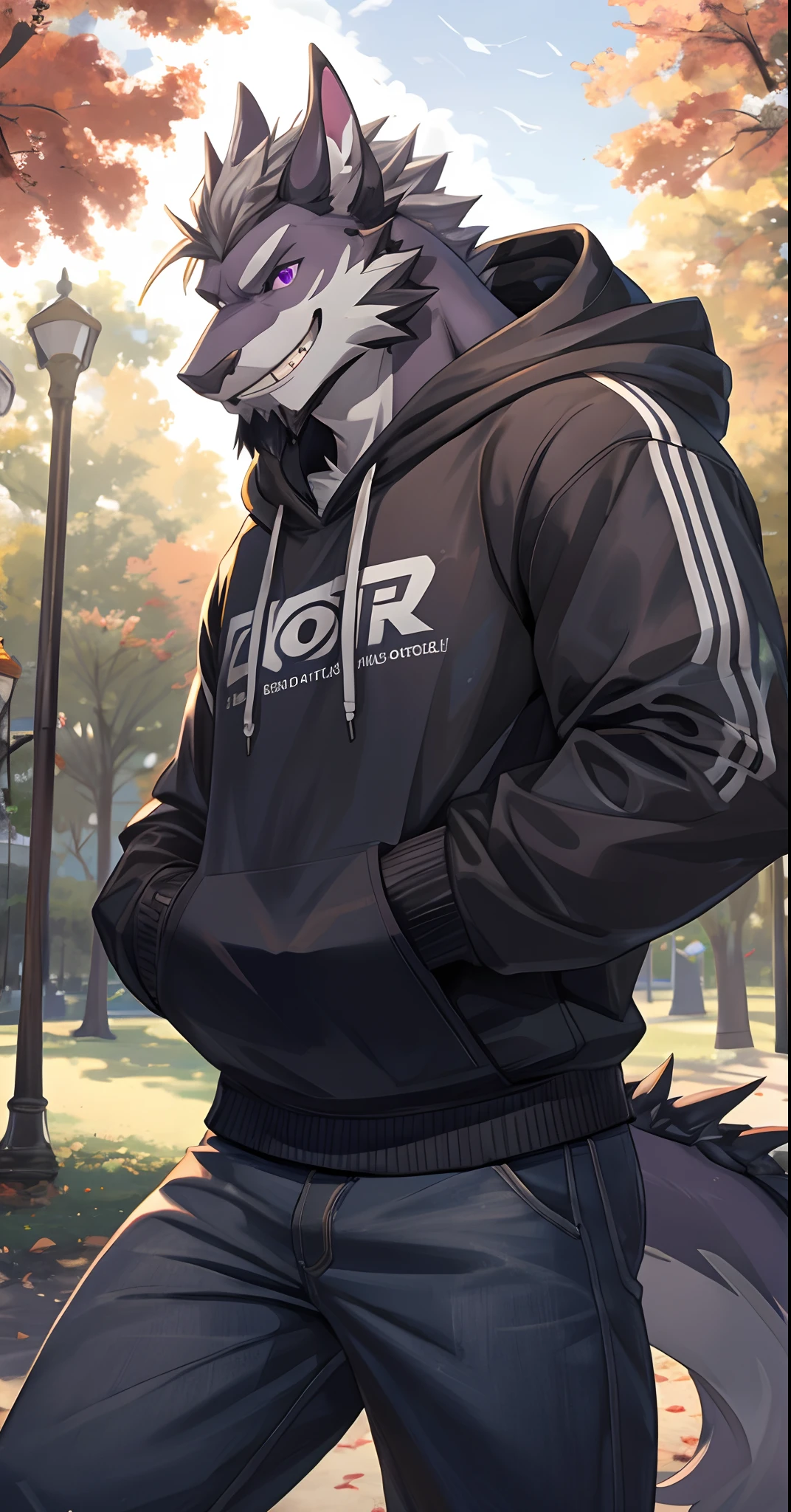 Masterpiece, Cool Pose, Furry Black Dragon, Fit Body, Purple Eyes, Grey Medium Hair, Grey Facial Hair, Casual Set, Hoodie, Fierce, Good looking, Slighly smile,teeth, Park Background