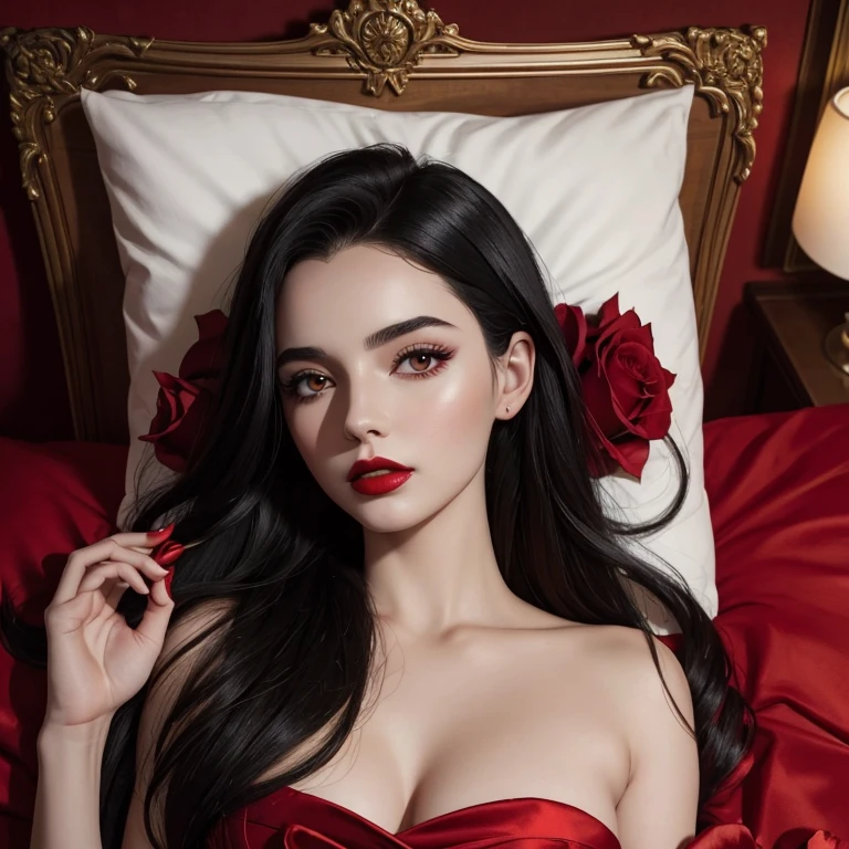Black-haired woman in red dress lying on a bed with red rose petals, Retrato de Kim Petras, ava max, Maria Jane Ansell, retrato editorial, fotografia editorial, vermelho rico, foto de retrato, fada das flores, rosas vermelhas , sexy red lips, menina com cabelo preto o, red lips, imagem editorial, Sergey Zabelin, retrato das flores, menina usa um vestido vermelho